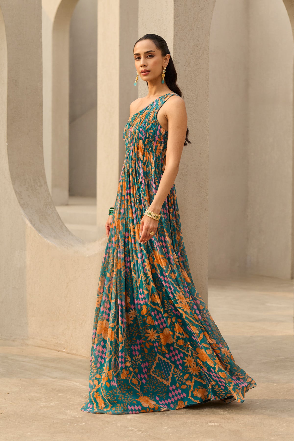 TEAL ABSTRACT FLORAL PRINTED DRESS