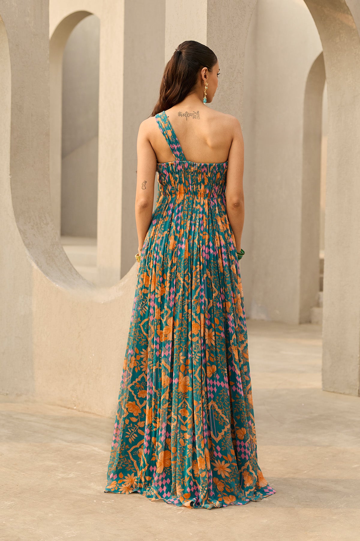 TEAL ABSTRACT FLORAL PRINTED DRESS