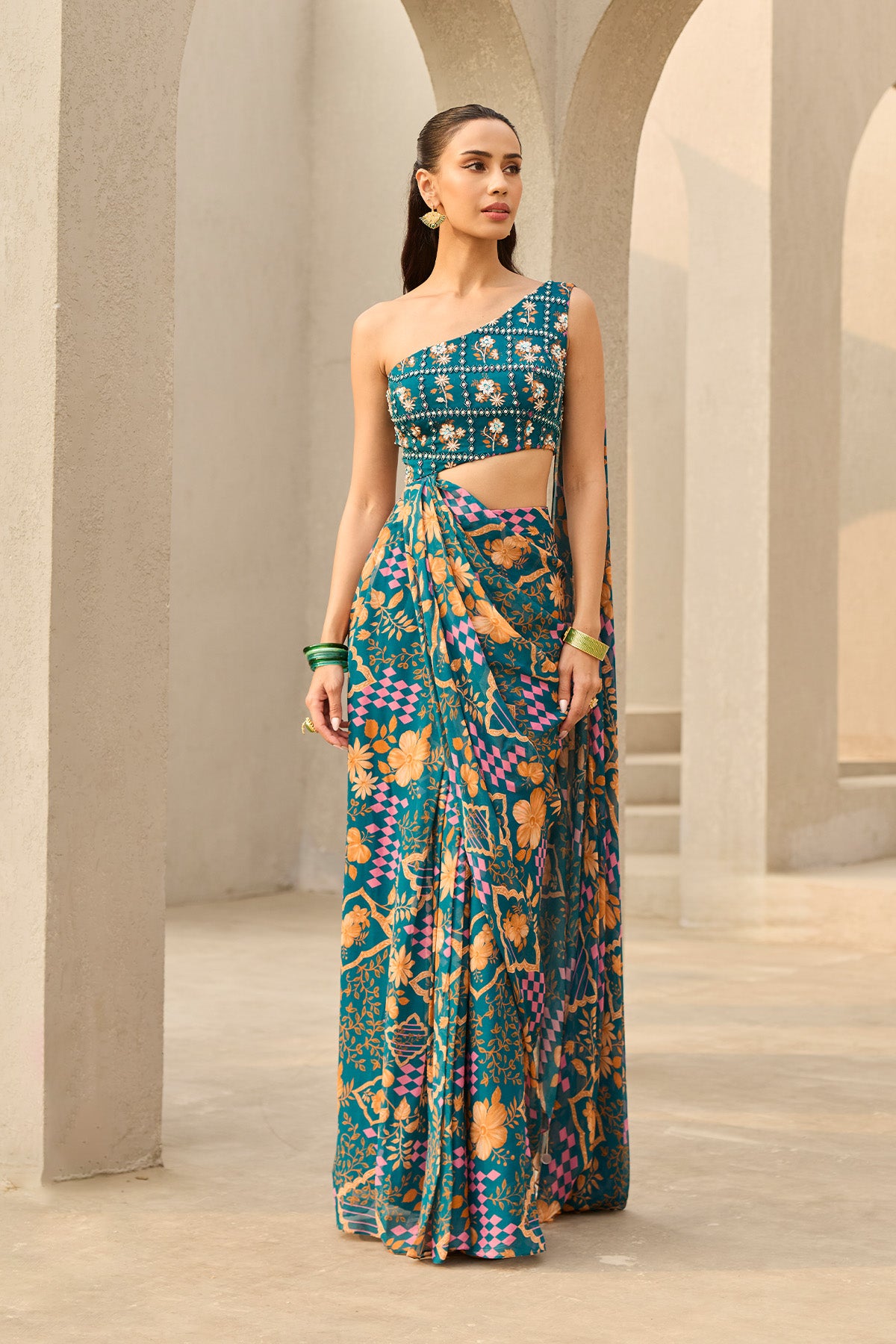 TEAL ABSTRACT FLORAL PRINTED SAREE SET