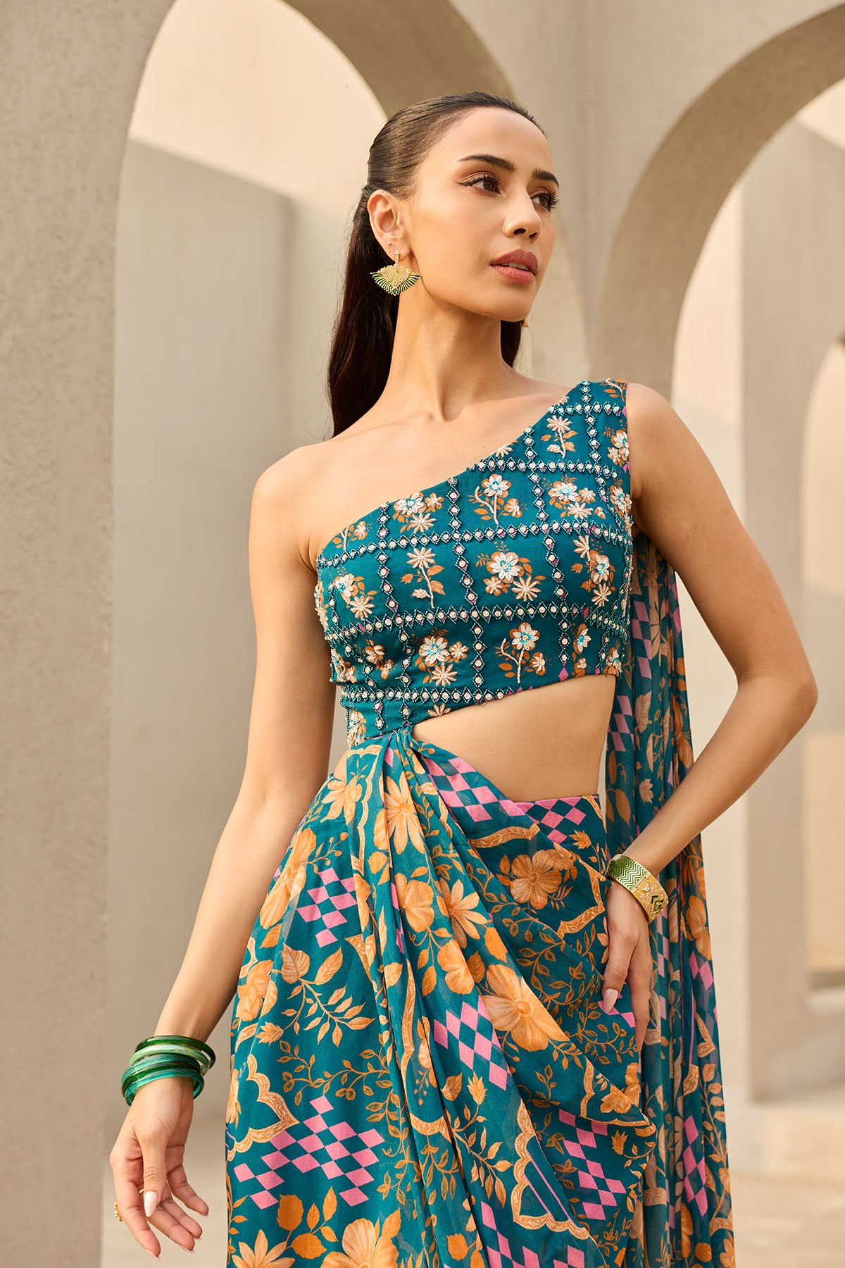 TEAL ABSTRACT FLORAL PRINTED SAREE SET