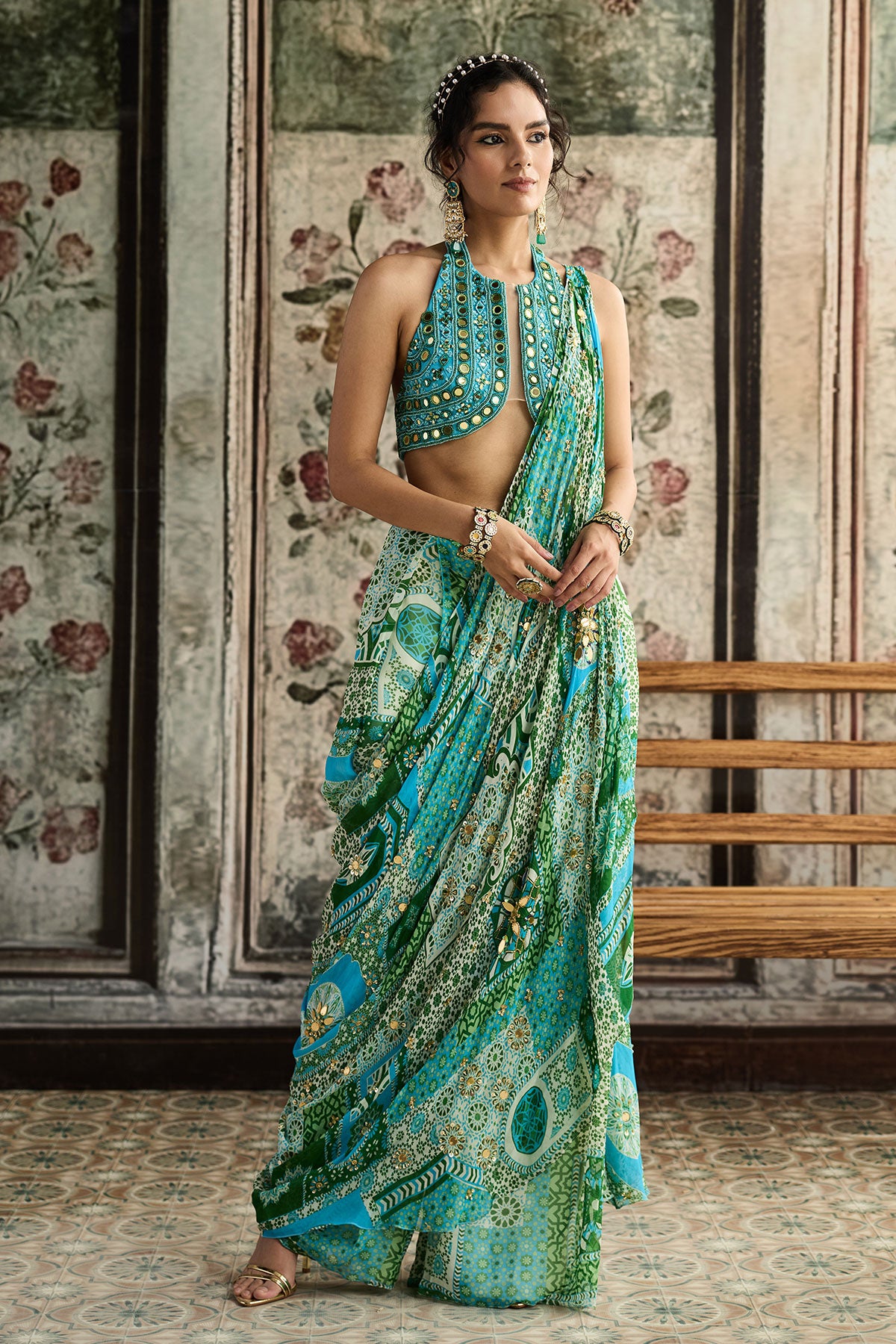 Aqua Embroidered Blouse And Aqua Print And Highlighted Drape Box Pleat Pant Saree