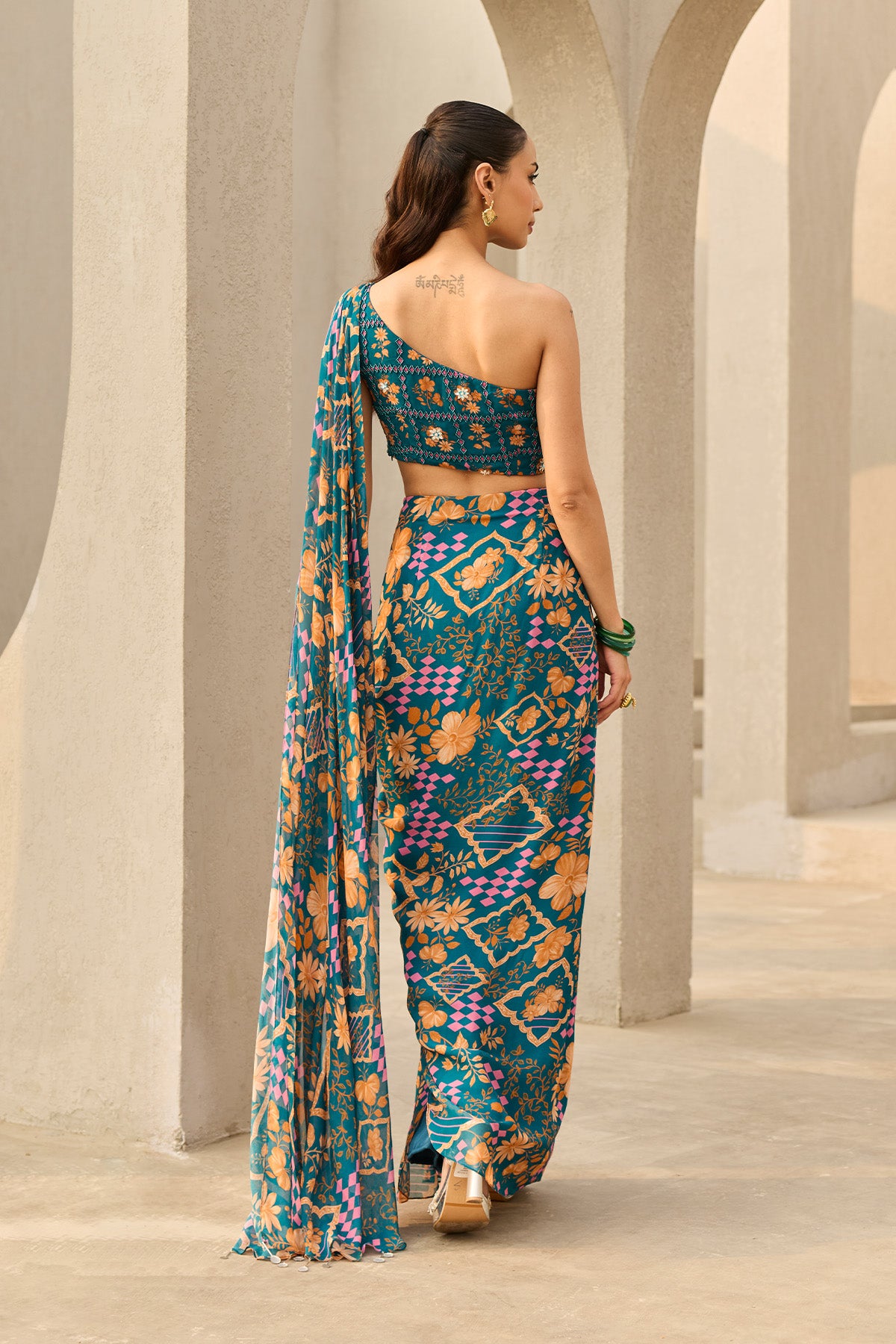 TEAL ABSTRACT FLORAL PRINTED SAREE SET