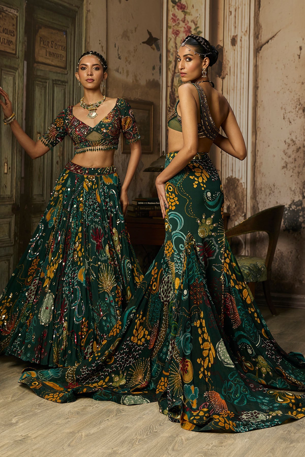 Dark Green Printed And Highlighted Lehenga Set