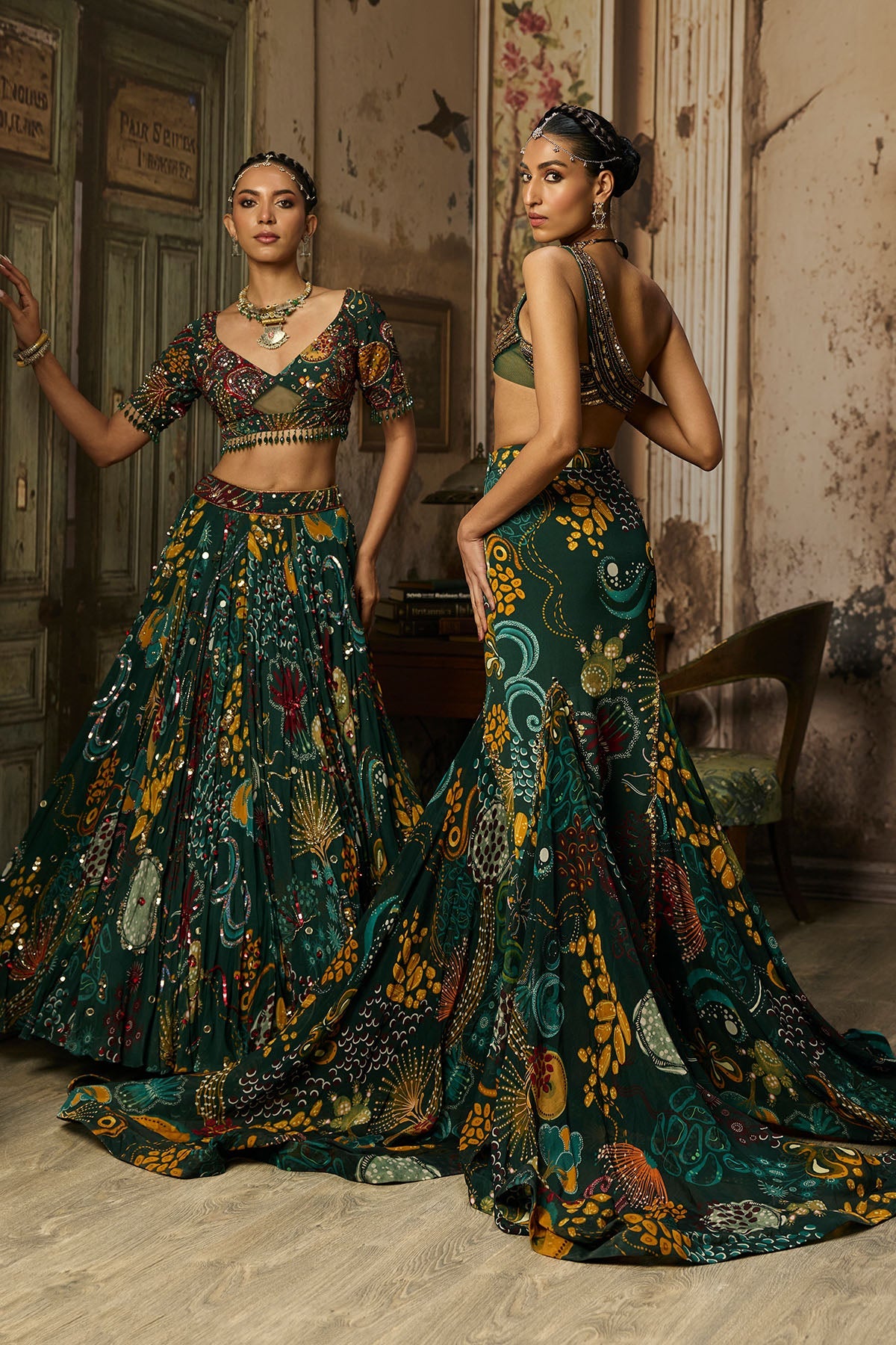 Dark Green Embroidered Blouse And Fishtail Skirt Set