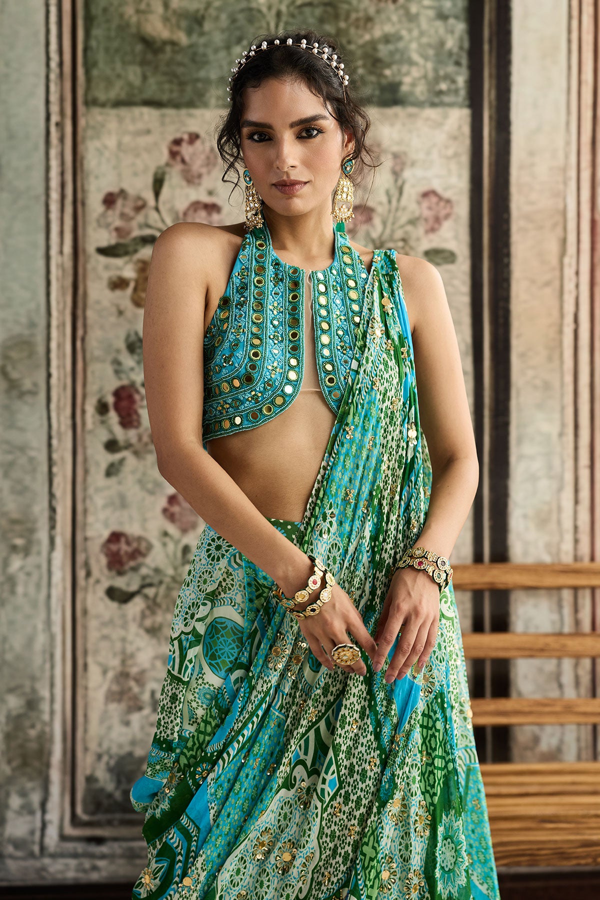 Aqua Embroidered Blouse And Aqua Print And Highlighted Drape Box Pleat Pant Saree
