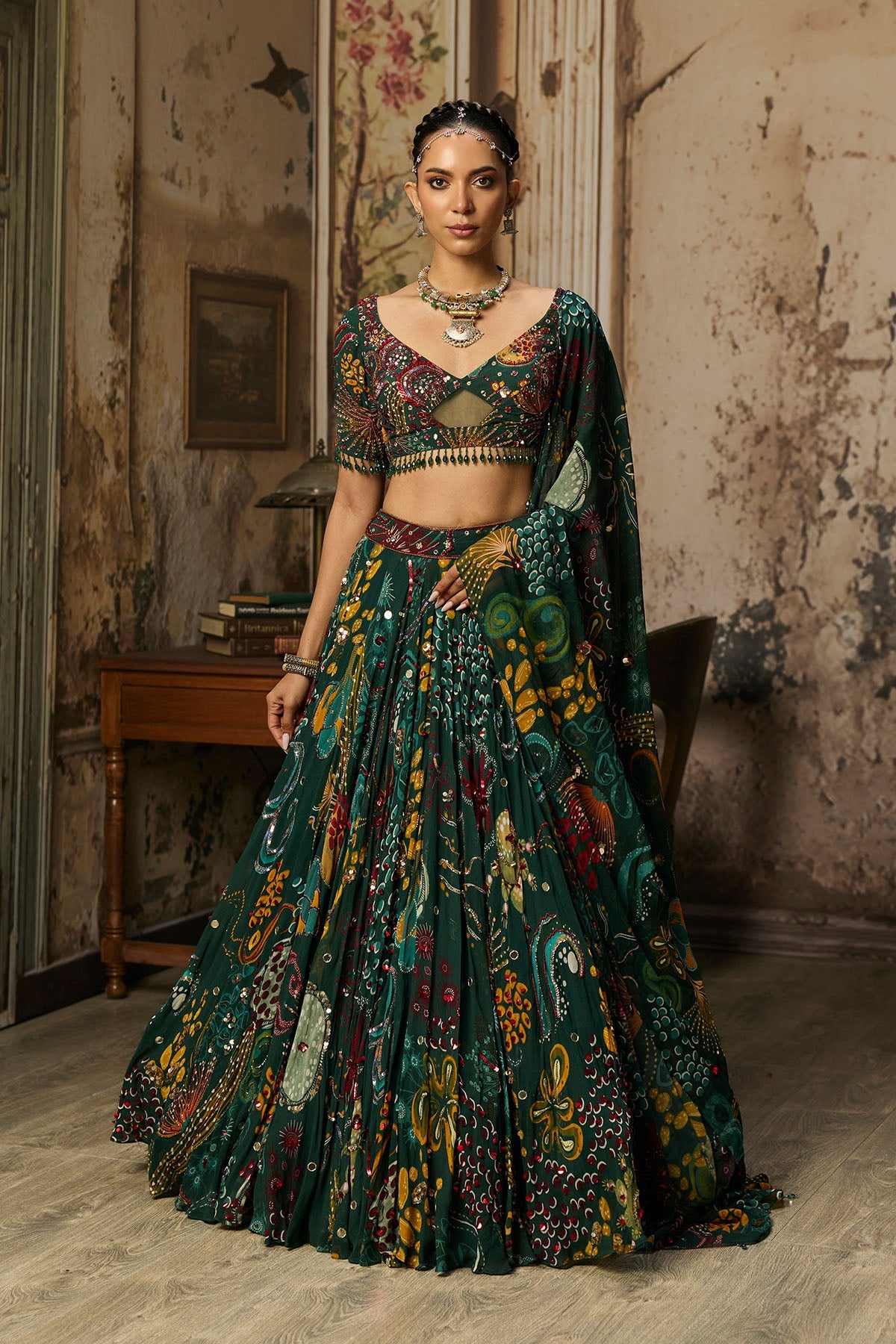 Dark Green Printed And Highlighted Lehenga Set