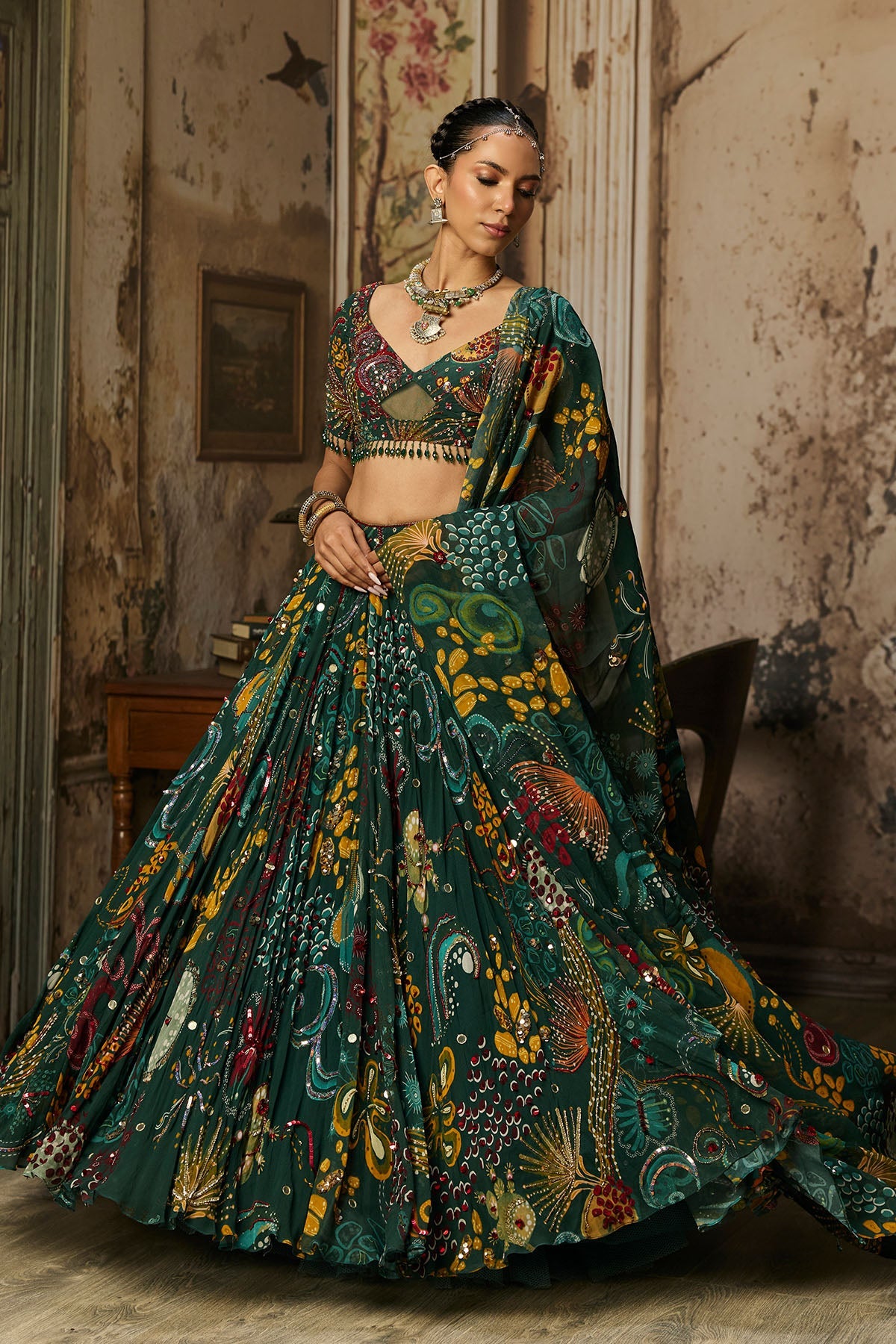 Dark Green Printed And Highlighted Lehenga Set