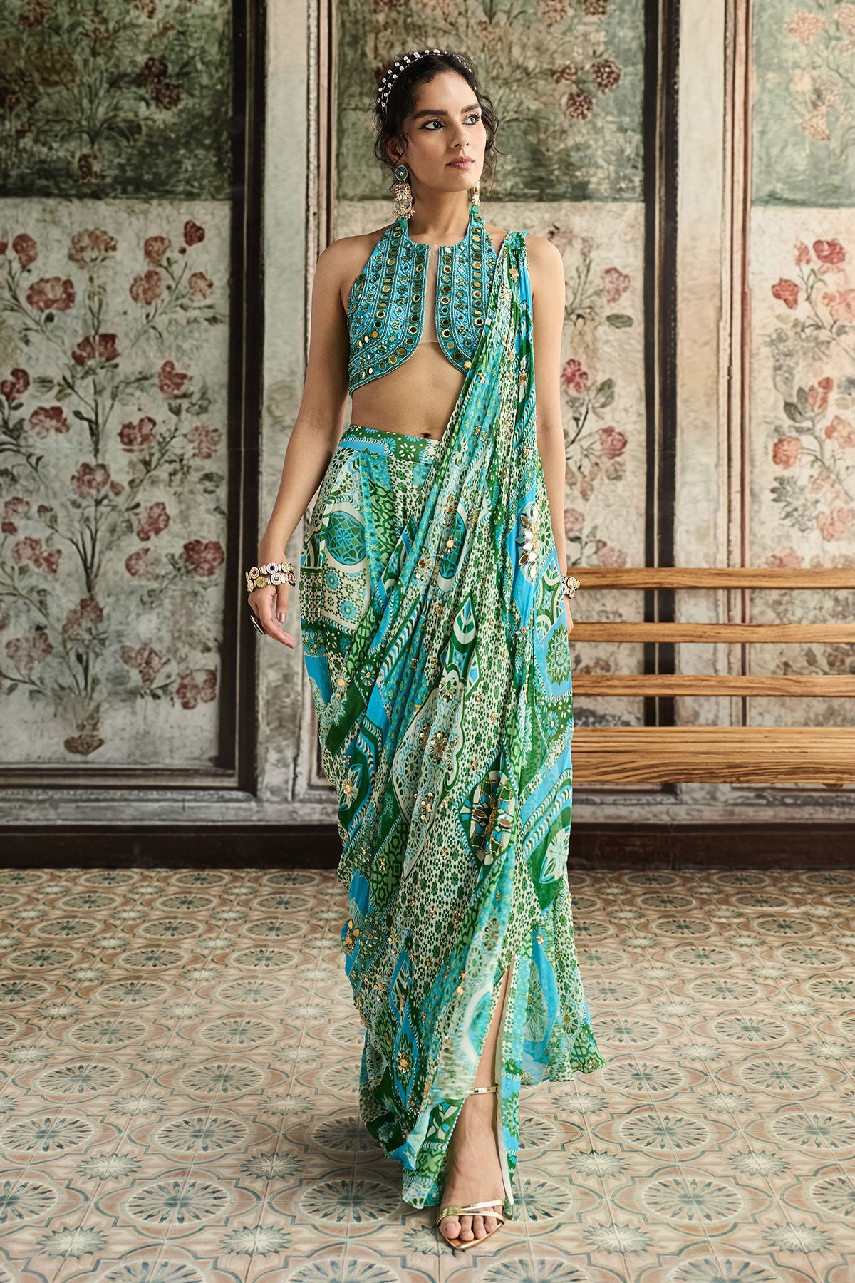 Aqua Embroidered Blouse And Aqua Print And Highlighted Drape Box Pleat Pant Saree
