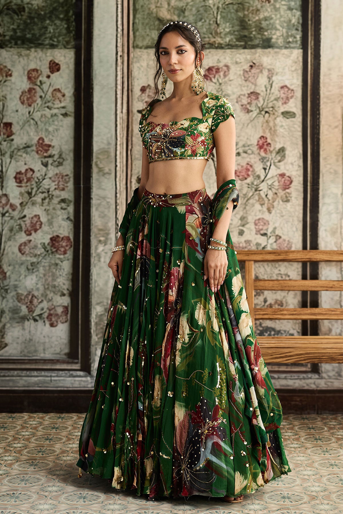 Tasha in Green Floral Print And Highlighted Lehenga Set