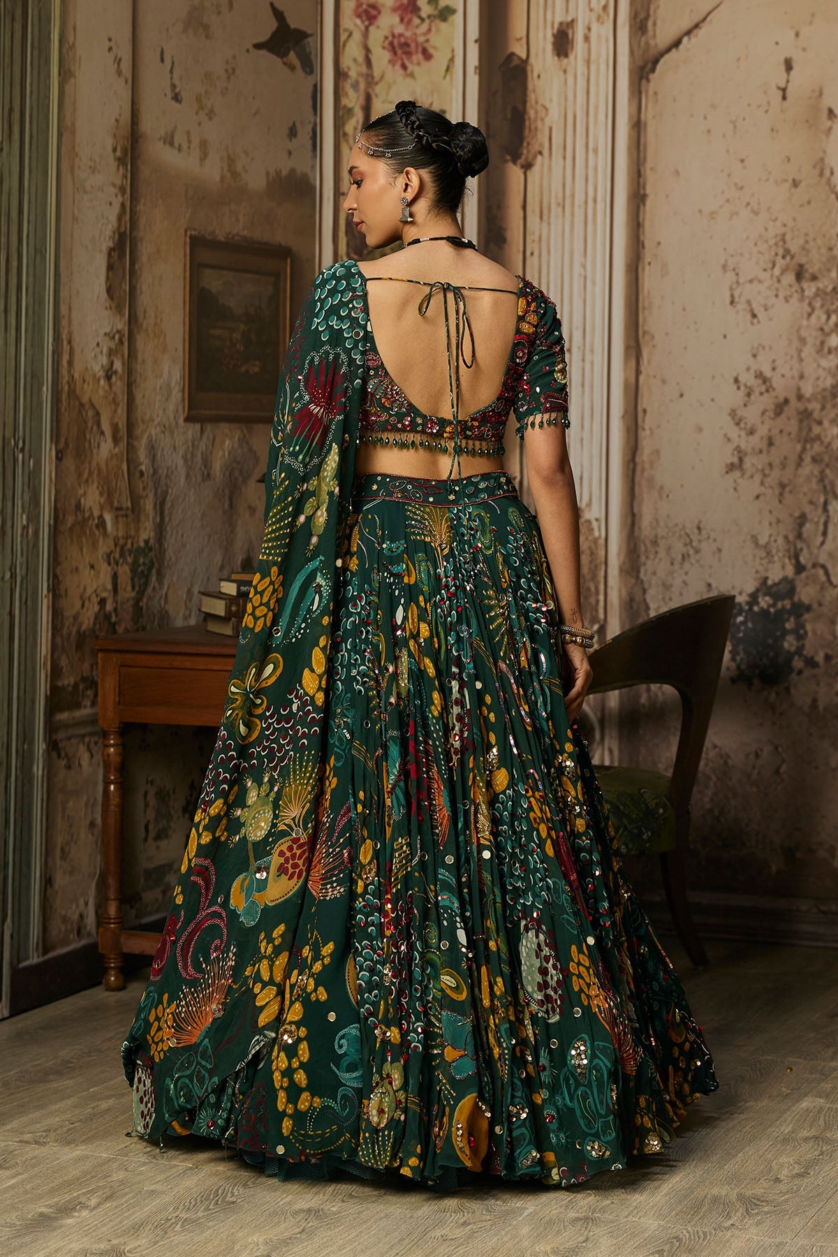 Dark Green Printed And Highlighted Lehenga Set