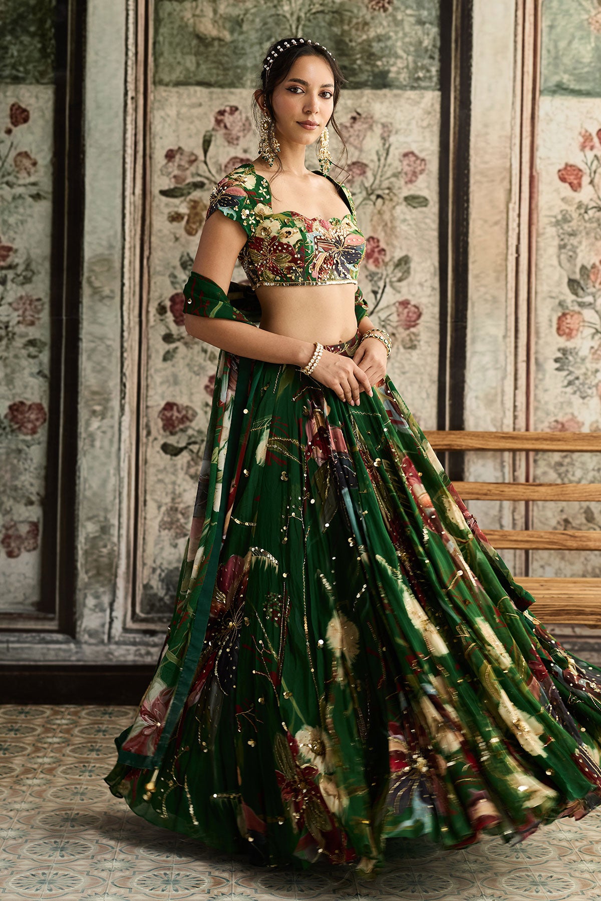 Tasha in Green Floral Print And Highlighted Lehenga Set
