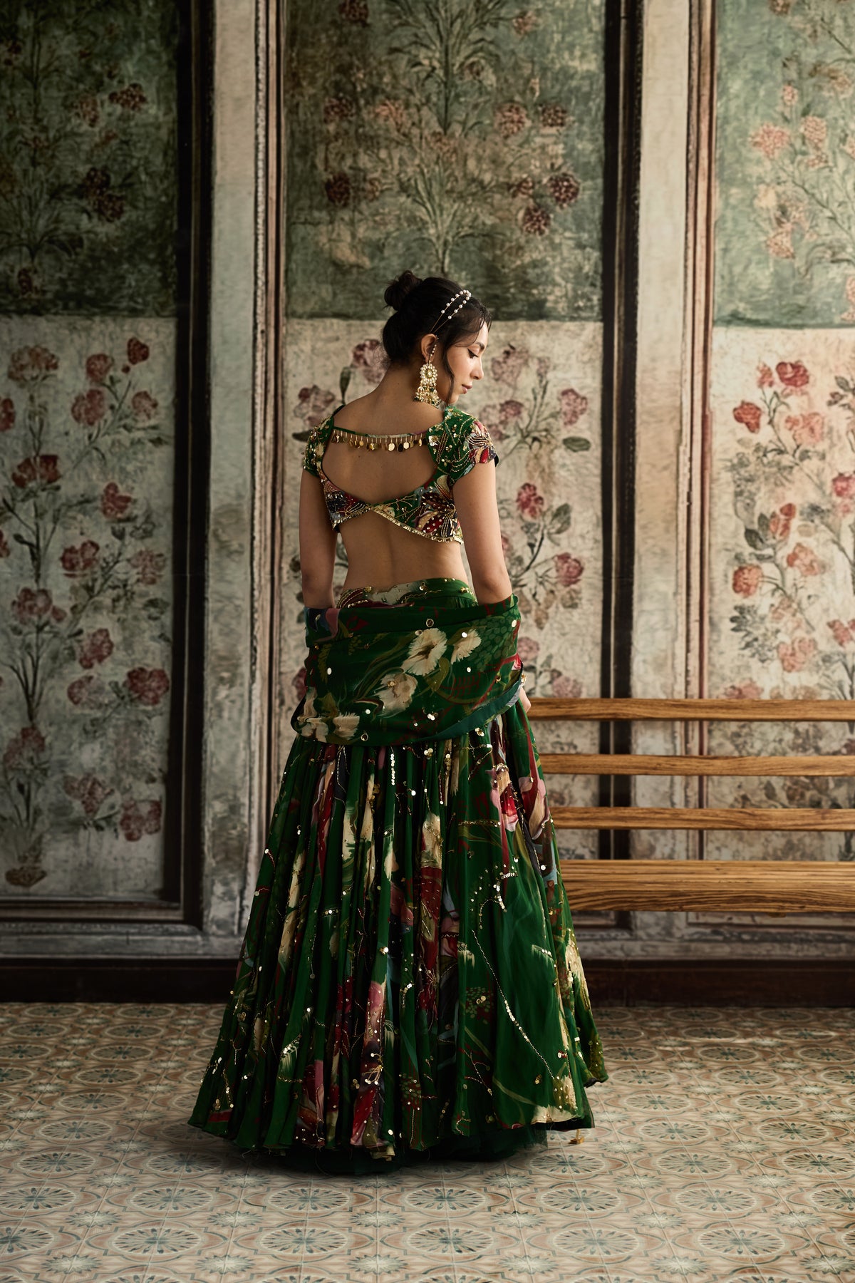 Tasha in Green Floral Print And Highlighted Lehenga Set