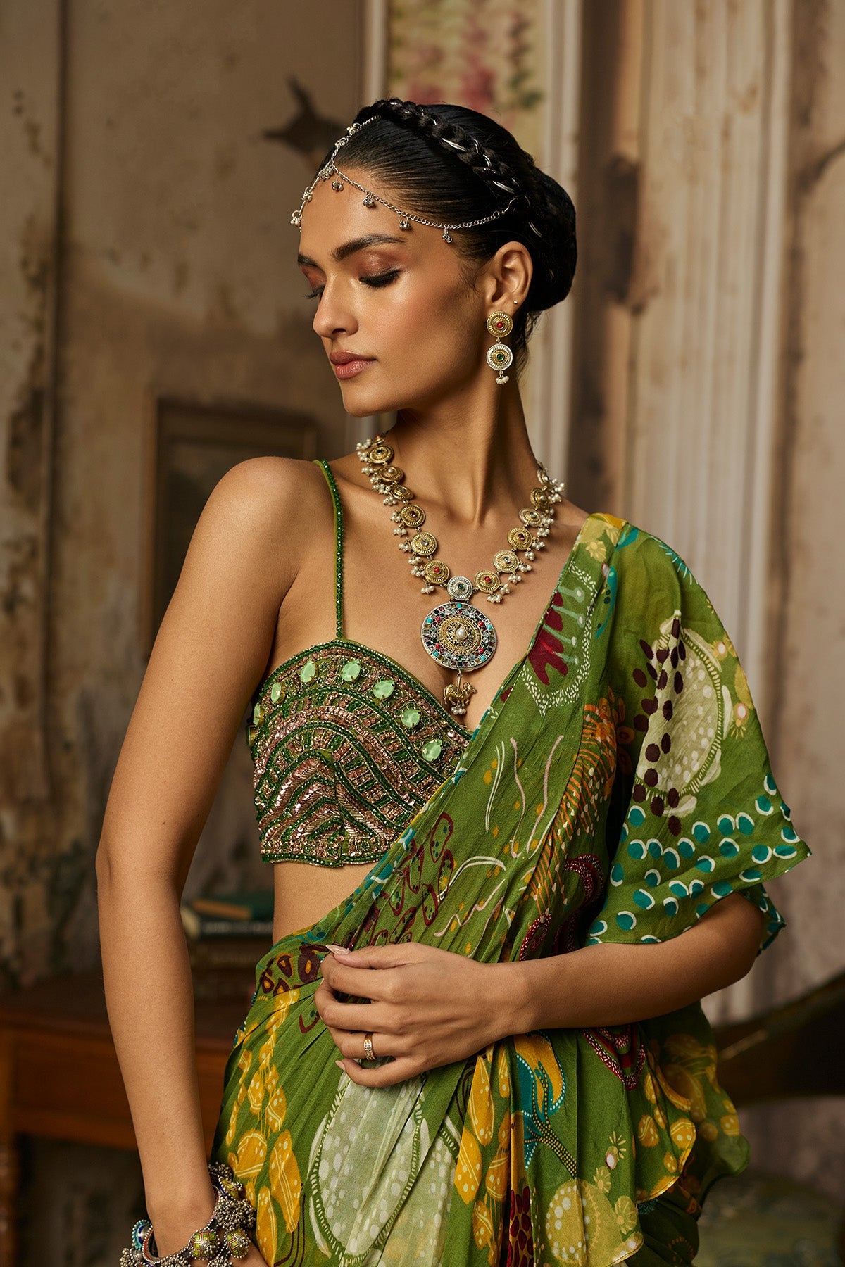 Pear Green Printed And Highlighted Ruffle Skirt Saree Set