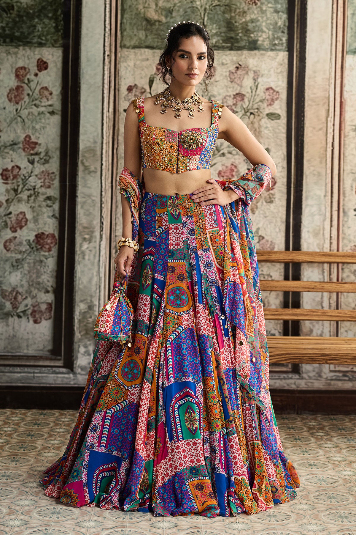 Multi-Color Print And Highlighted Criss-Cross Back Blouse With Godet Skirt Set