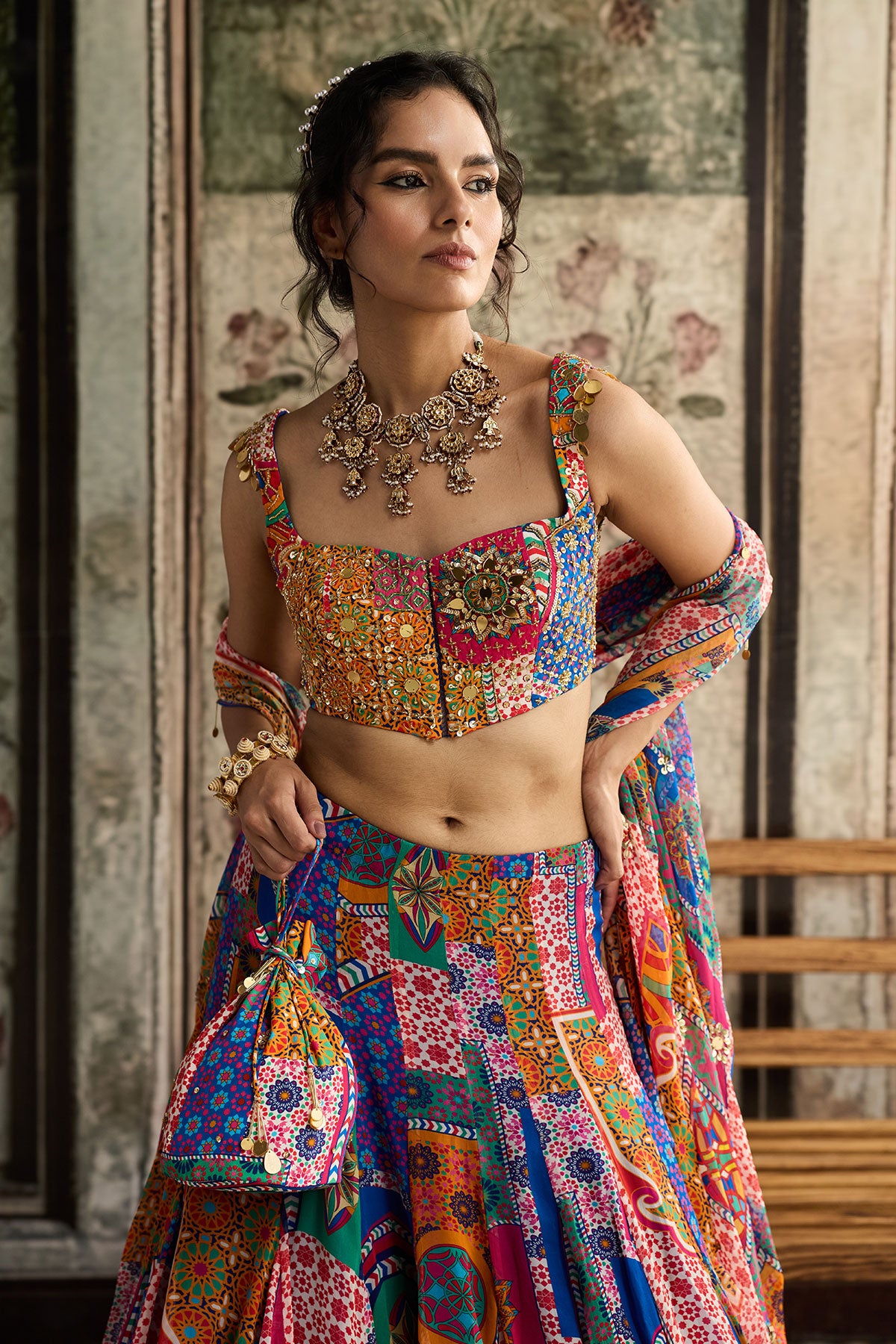 Multi-Color Print And Highlighted Criss-Cross Back Blouse With Godet Skirt Set