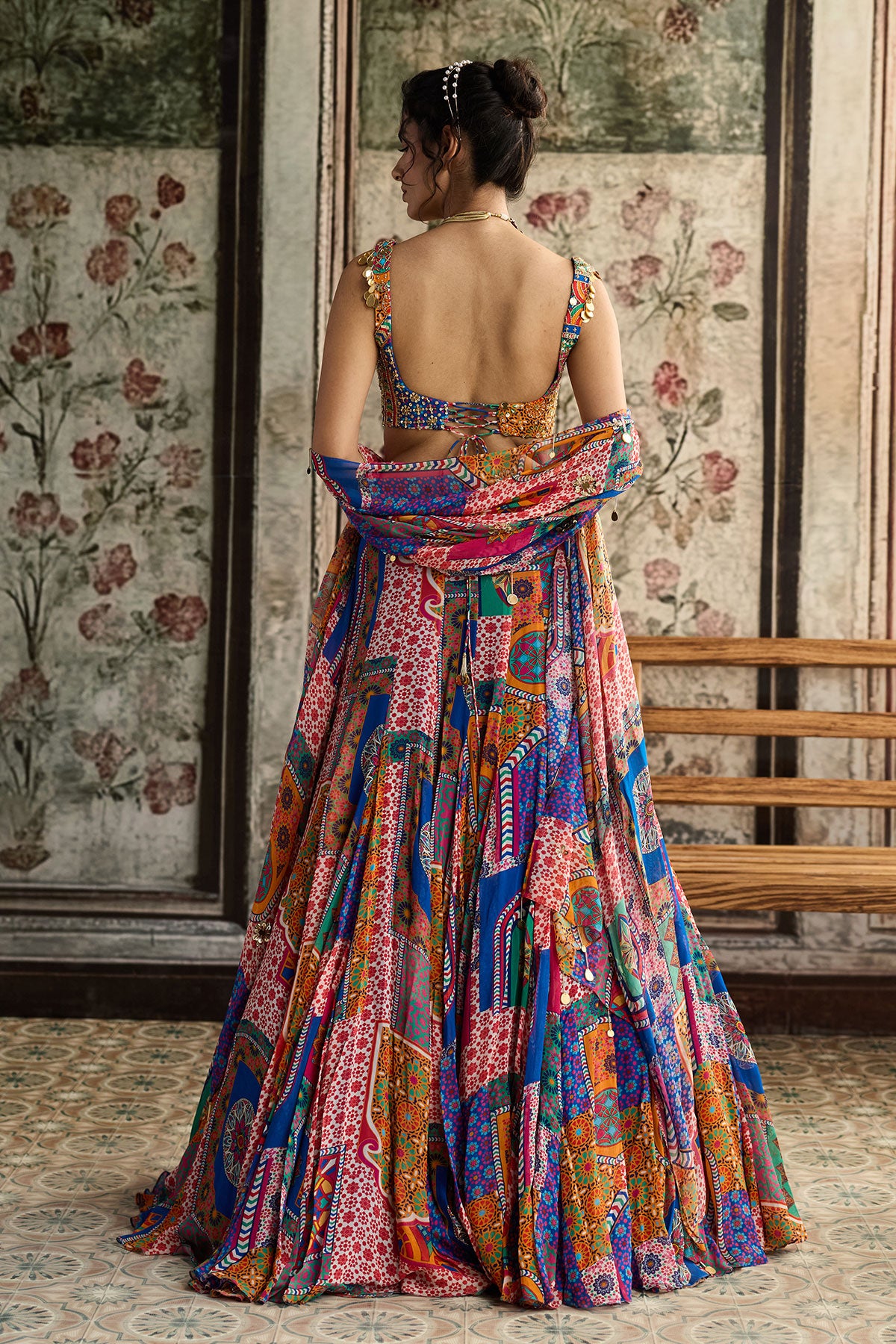 Multi-Color Print And Highlighted Criss-Cross Back Blouse With Godet Skirt Set