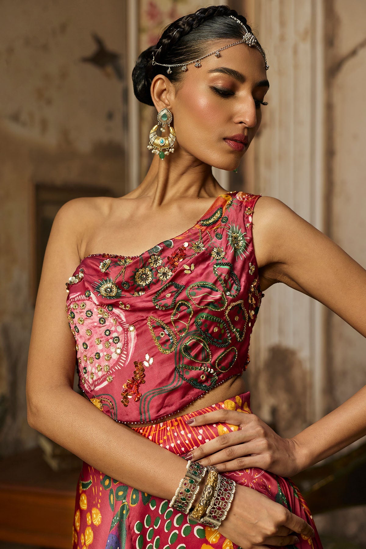 Deep Red Printed And Highlighted Slit Skirt Set