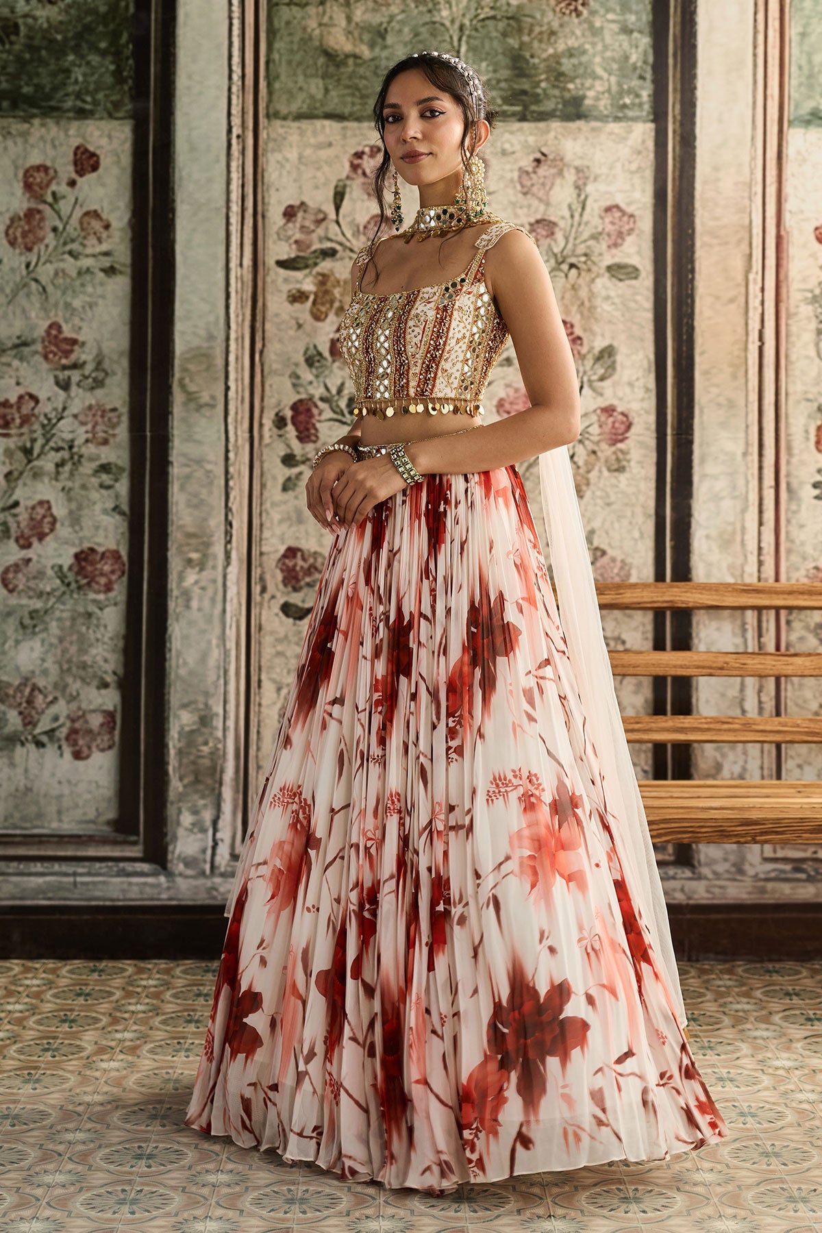 Ivory & Rust Floral Printed Lehenga Set