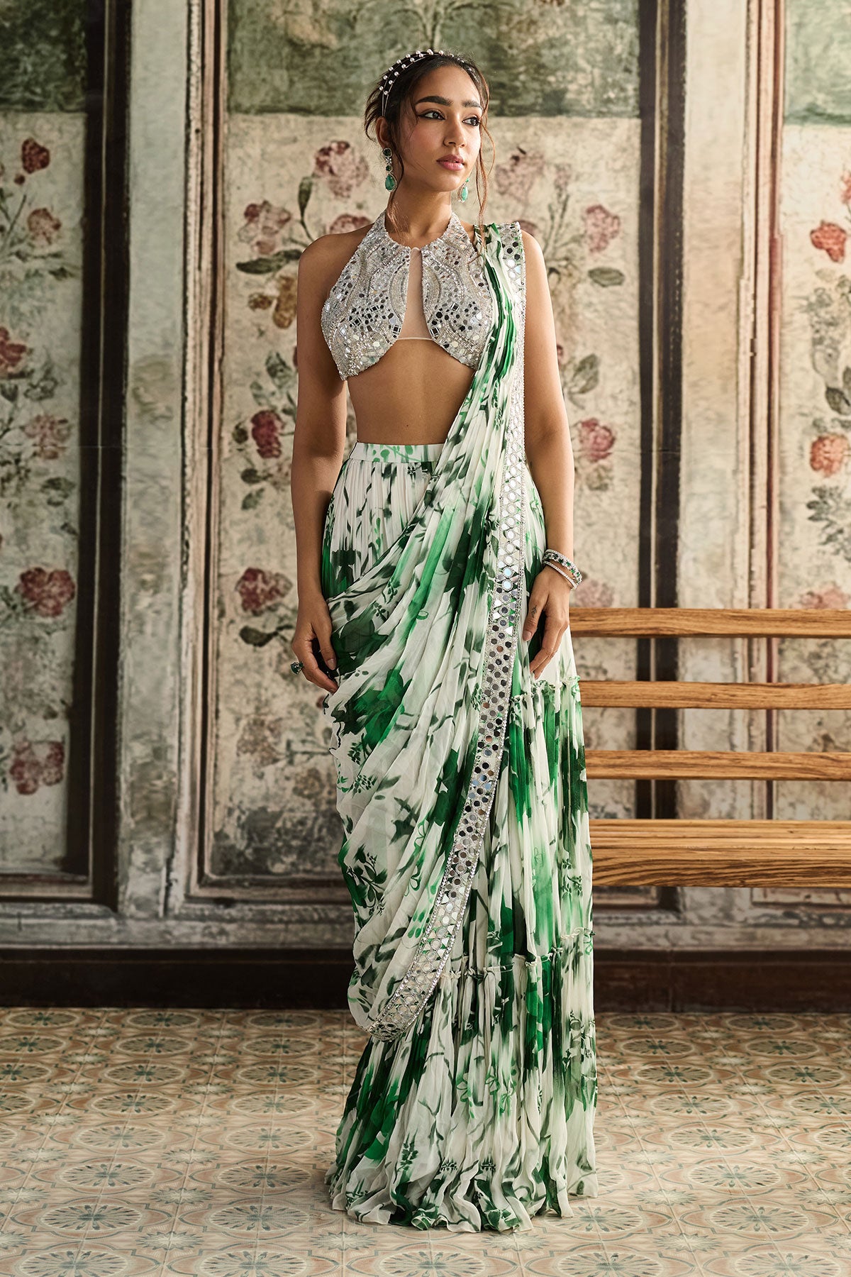 Ivory & Green Floral Print And Highlighted Border Skirt Saree Set