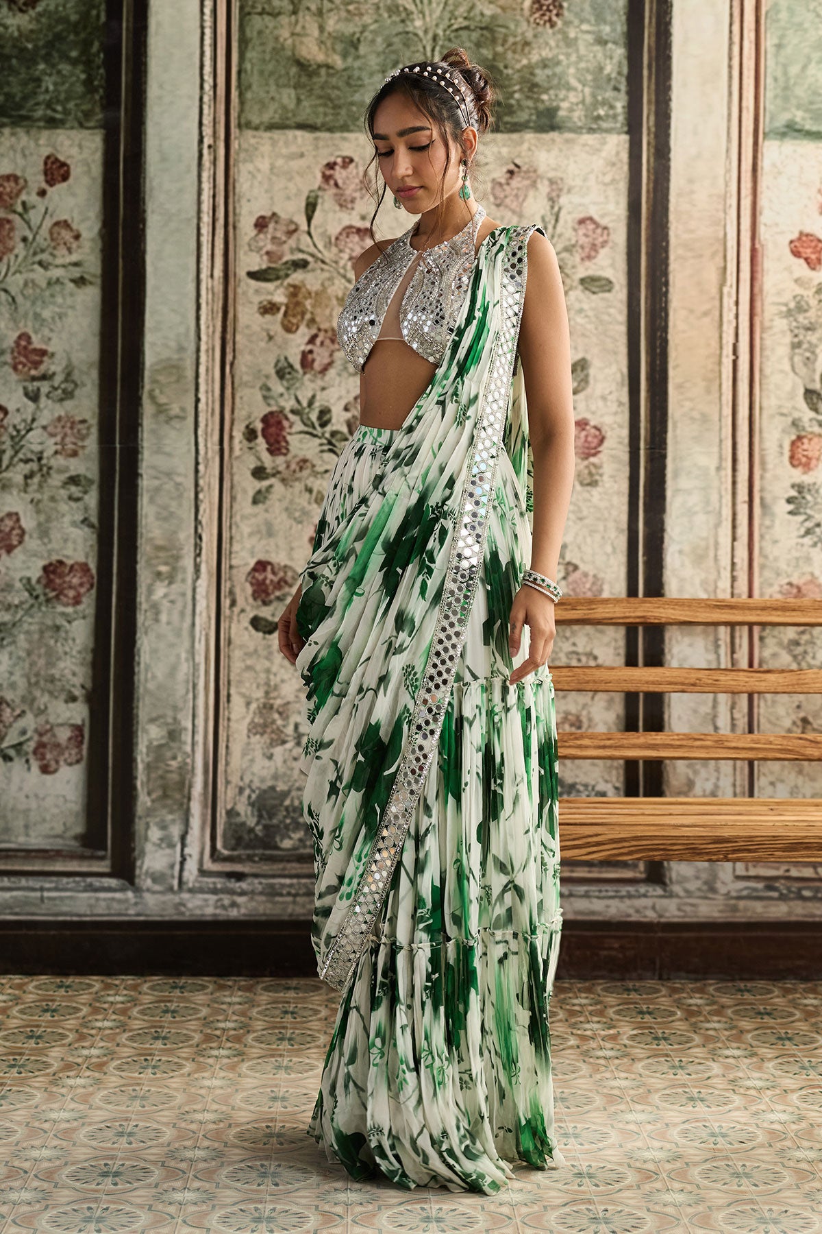 Ivory & Green Floral Print And Highlighted Border Skirt Saree Set