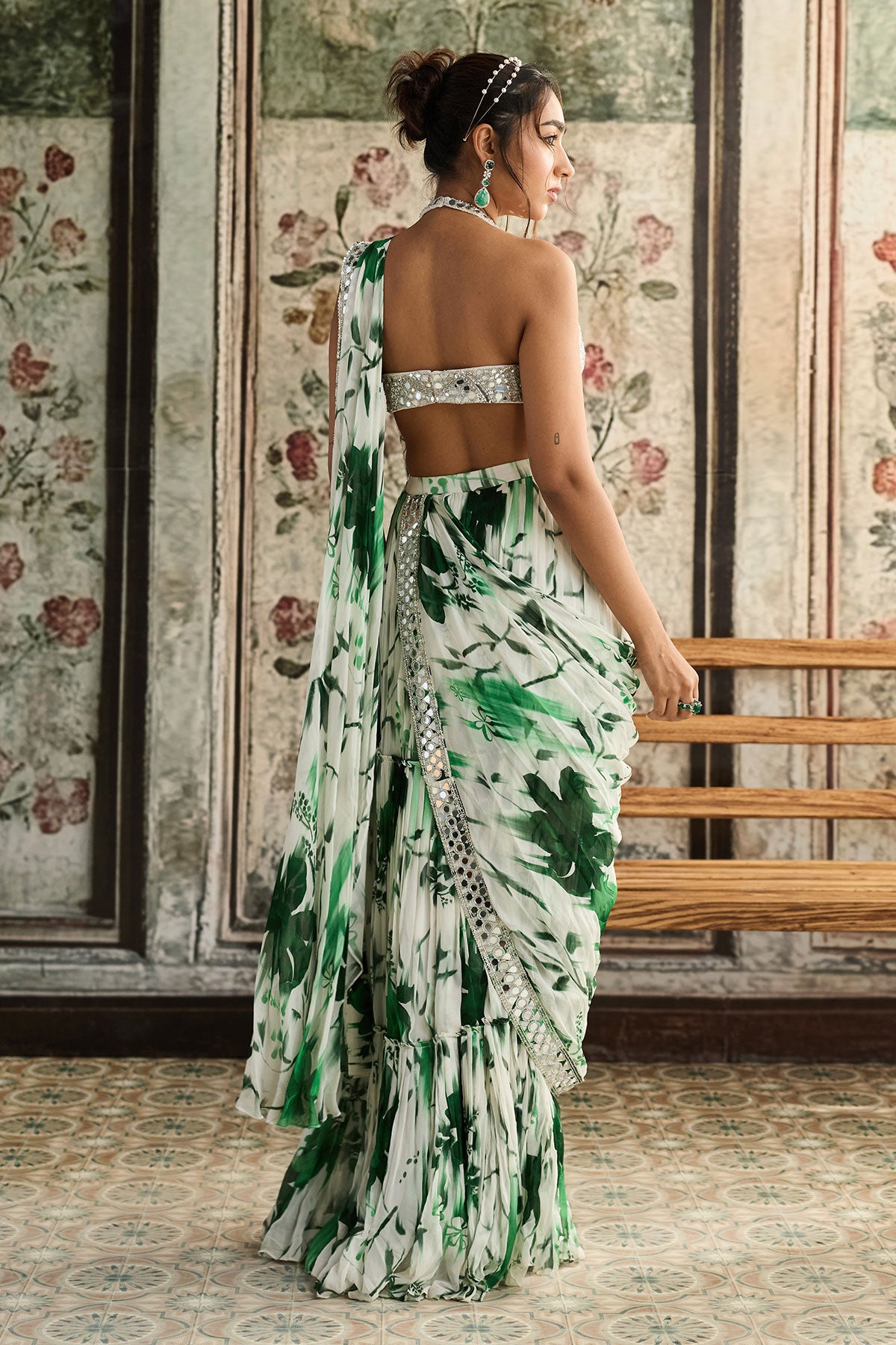 Ivory & Green Floral Print And Highlighted Border Skirt Saree Set