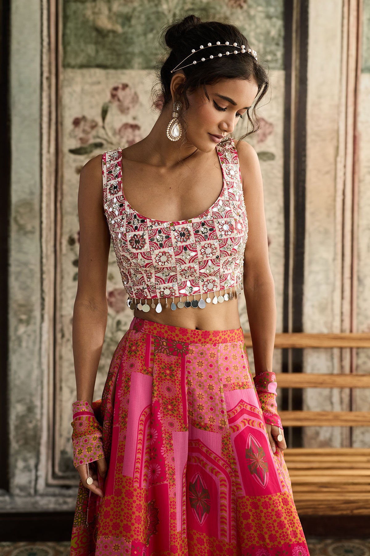 Ivory Butta Print And Highlighted Square Neck Blouse With Yellow-Fuschia Print Sharara Set