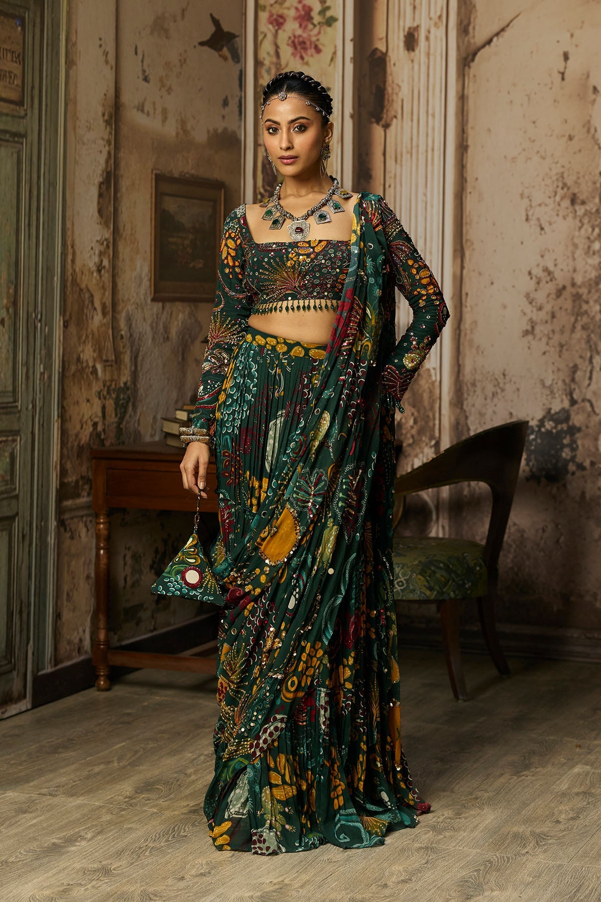 Dark Green Printed And Highlighted Tiered Skirt Saree Set