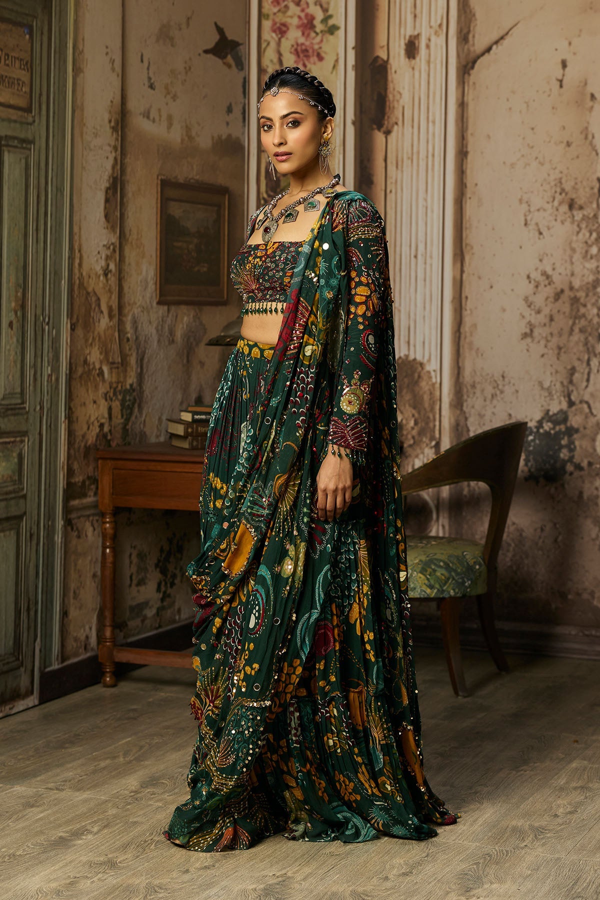 Dark Green Printed And Highlighted Tiered Skirt Saree Set