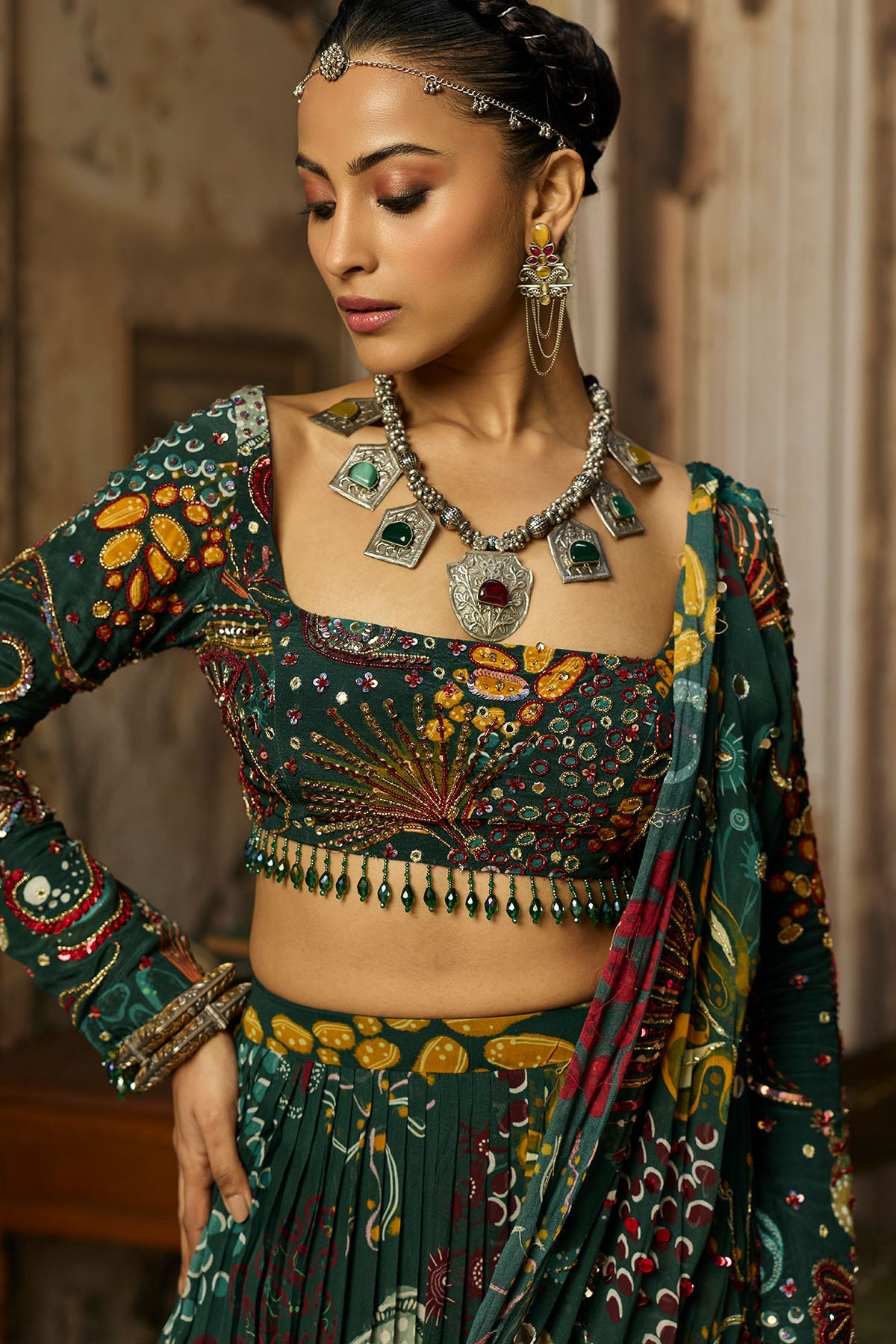 Dark Green Printed And Highlighted Tiered Skirt Saree Set