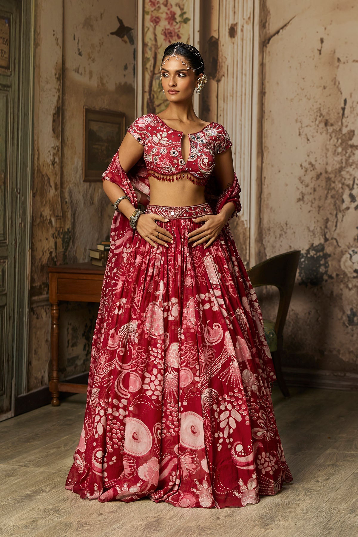 Scarlet Red Printed And Highlighted Lehenga Set
