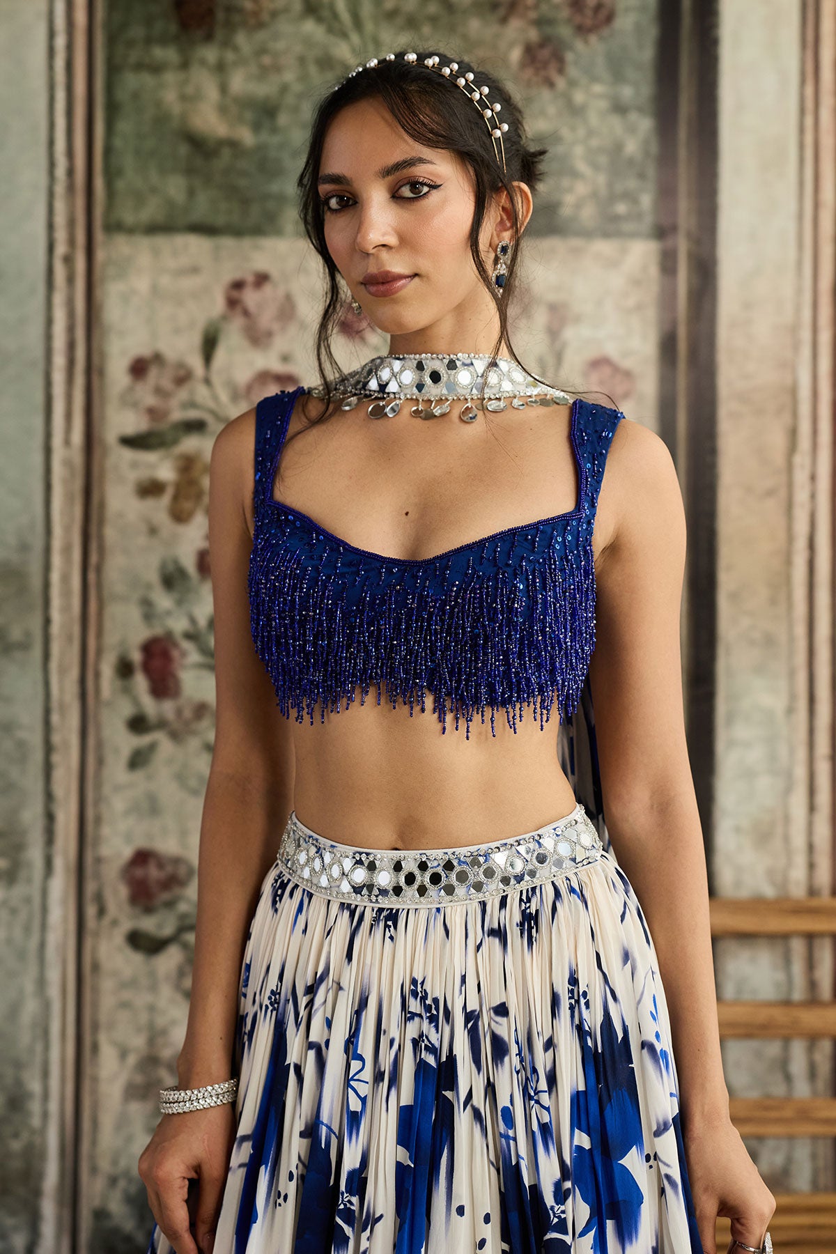 Shruti in Ivory & Blue Floral Printed Lehenga Set