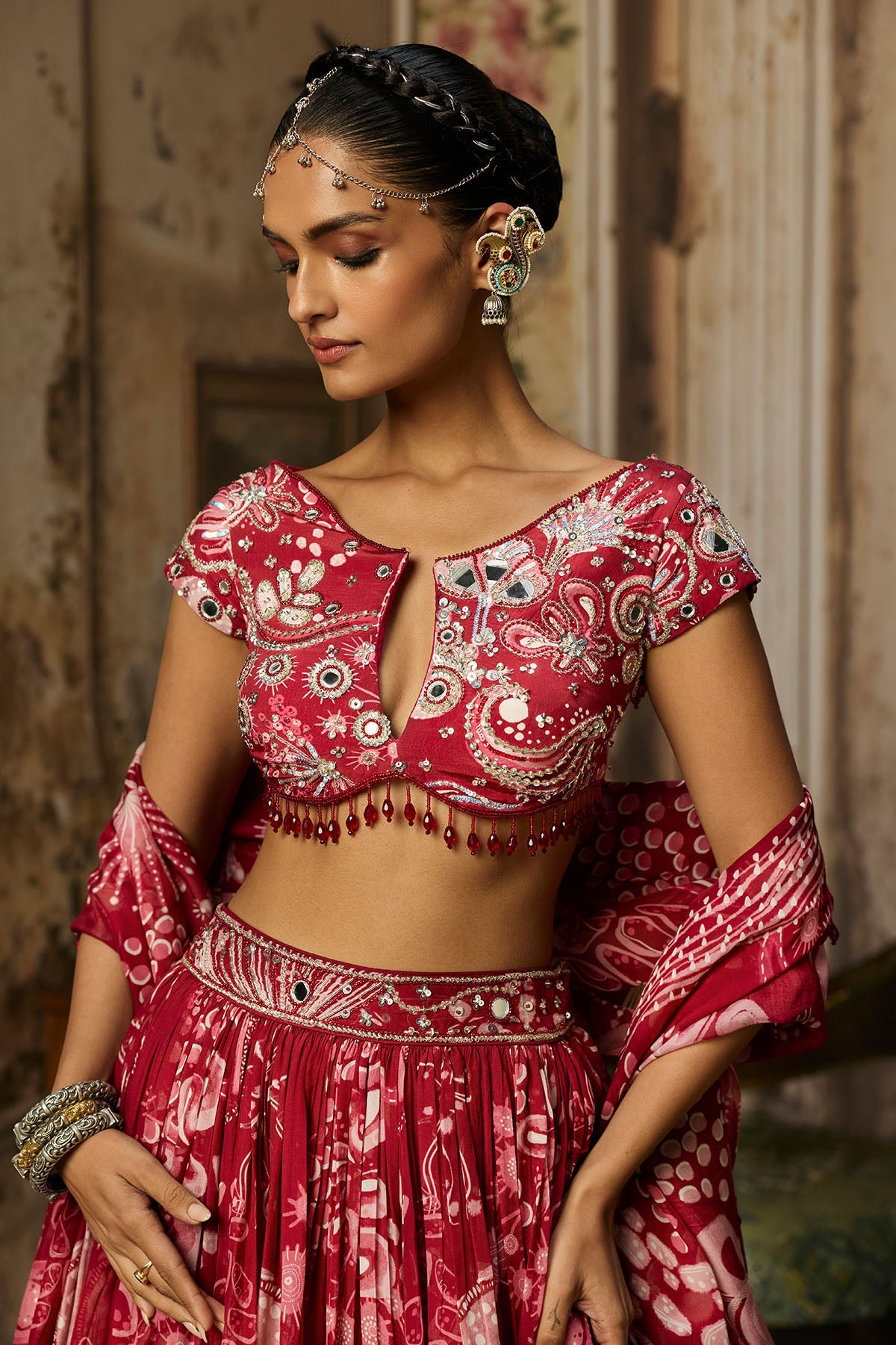 Scarlet Red Printed And Highlighted Lehenga Set