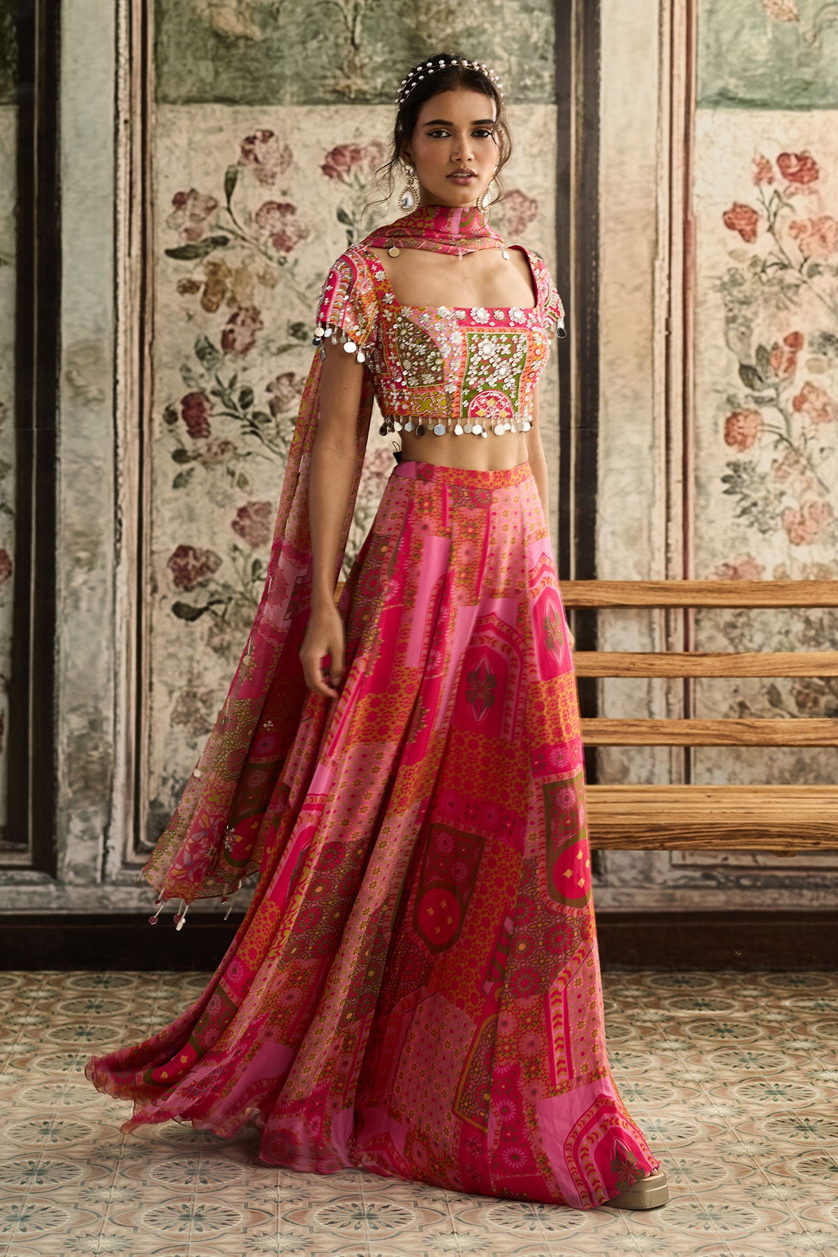 Yellow-Fuschia Print And Highlighted Sharara Set