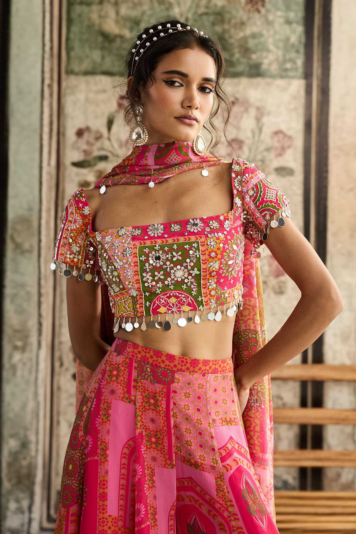 Yellow-Fuschia Print And Highlighted Sharara Set