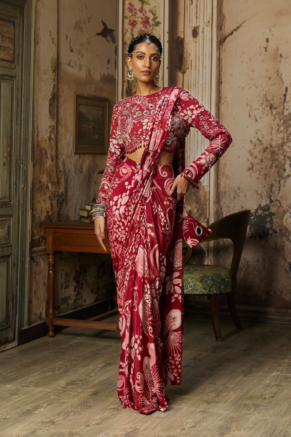 Scarlet Red Printed And Highlighted Dhoti Skirt Saree Set