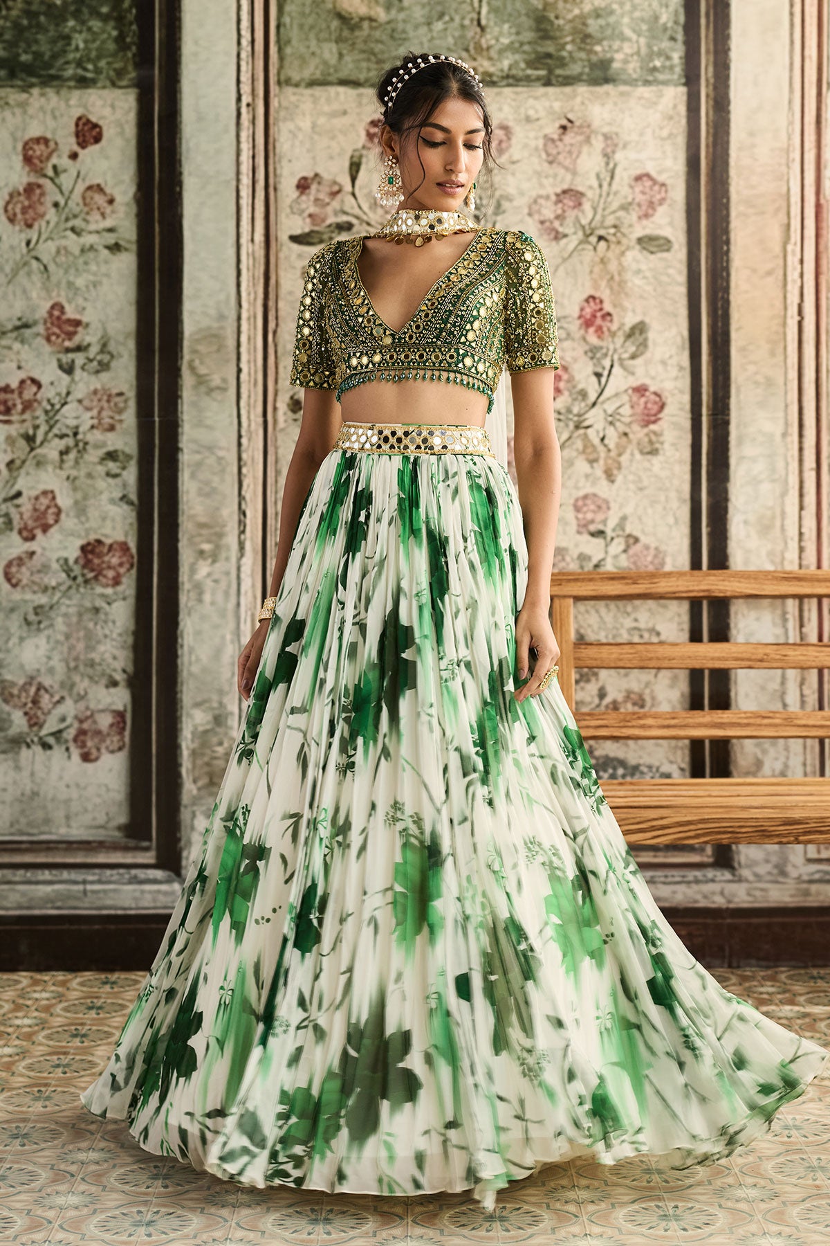Ivory & Green Floral Printed Lehenga Set
