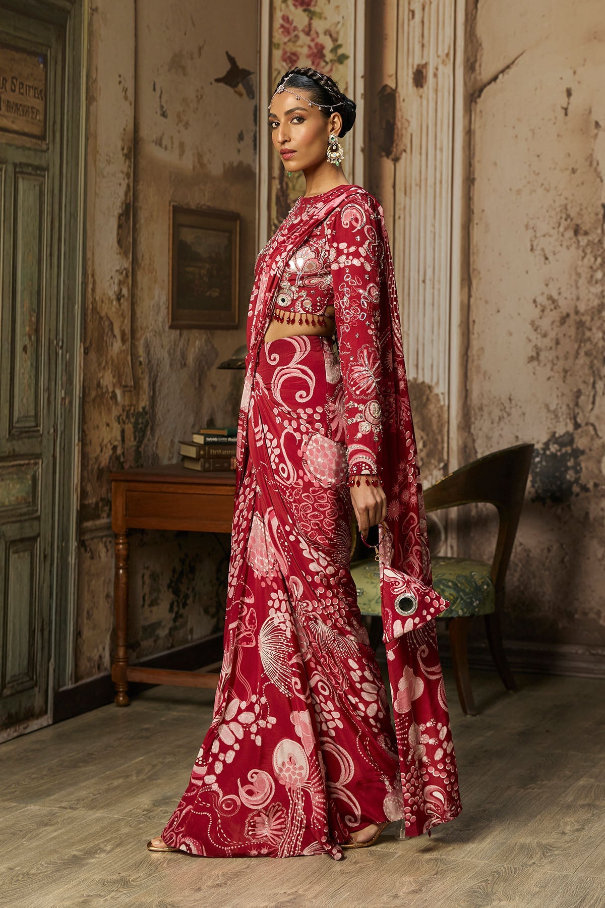 Scarlet Red Printed And Highlighted Dhoti Skirt Saree Set