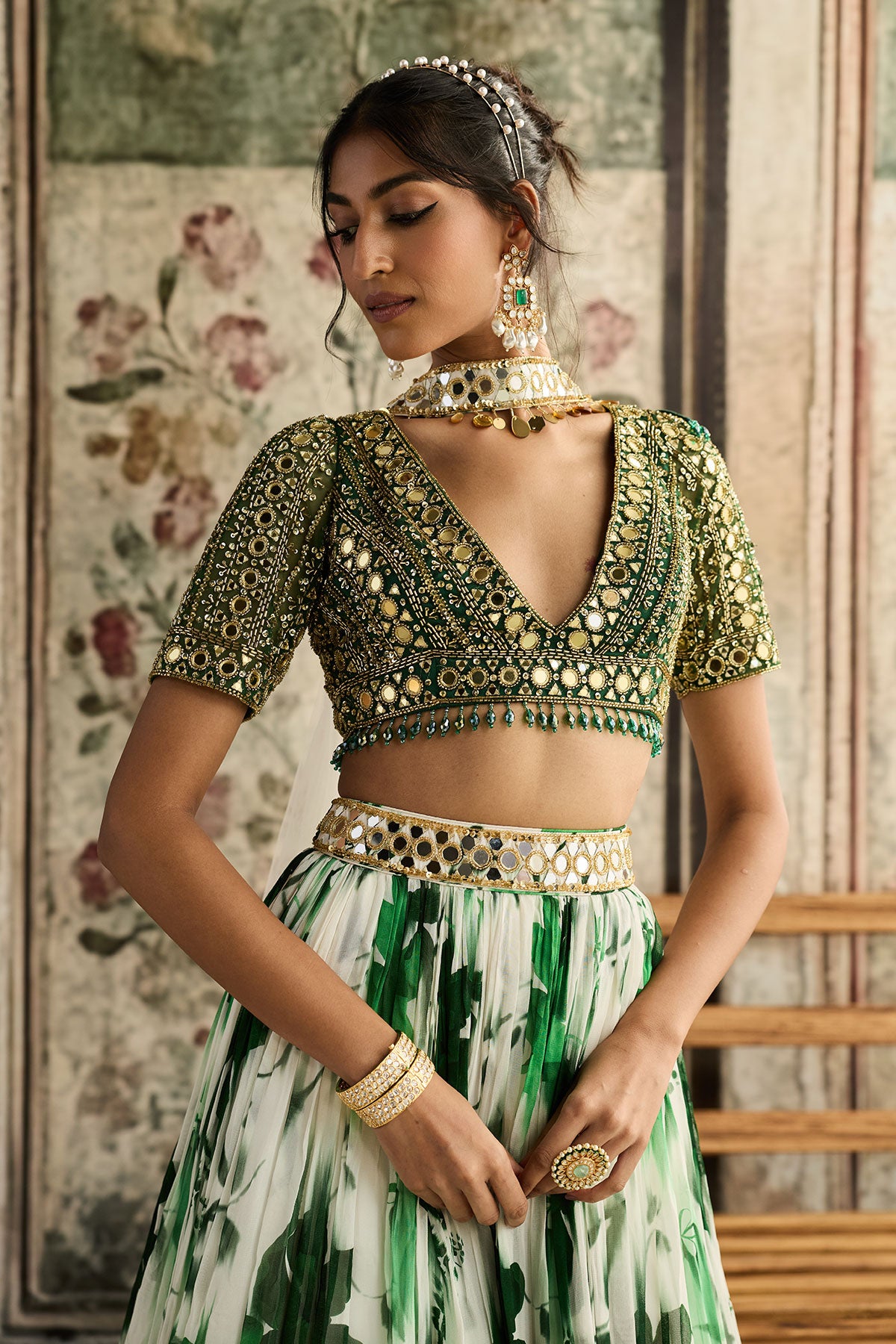 Ivory & Green Floral Printed Lehenga Set