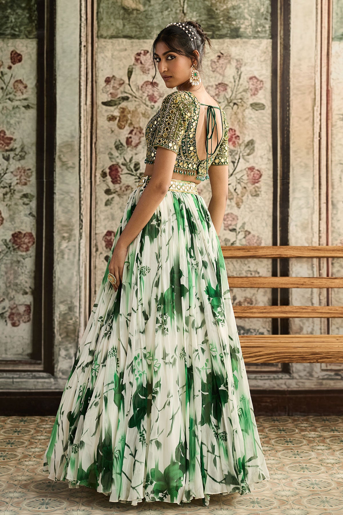 Ivory & Green Floral Printed Lehenga Set