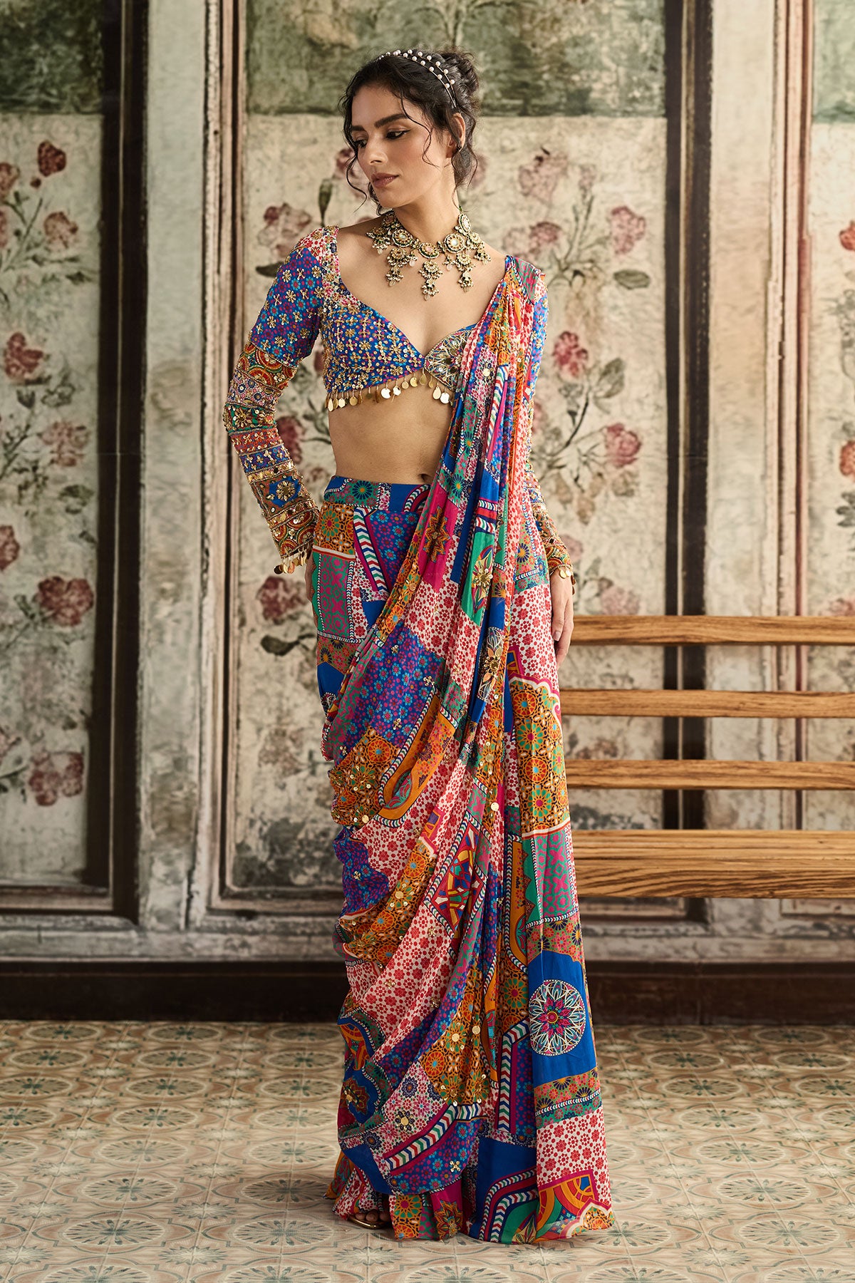 Multi-Color Print And Highlighted Plunge Neckline Blouse With Sharara Saree Set