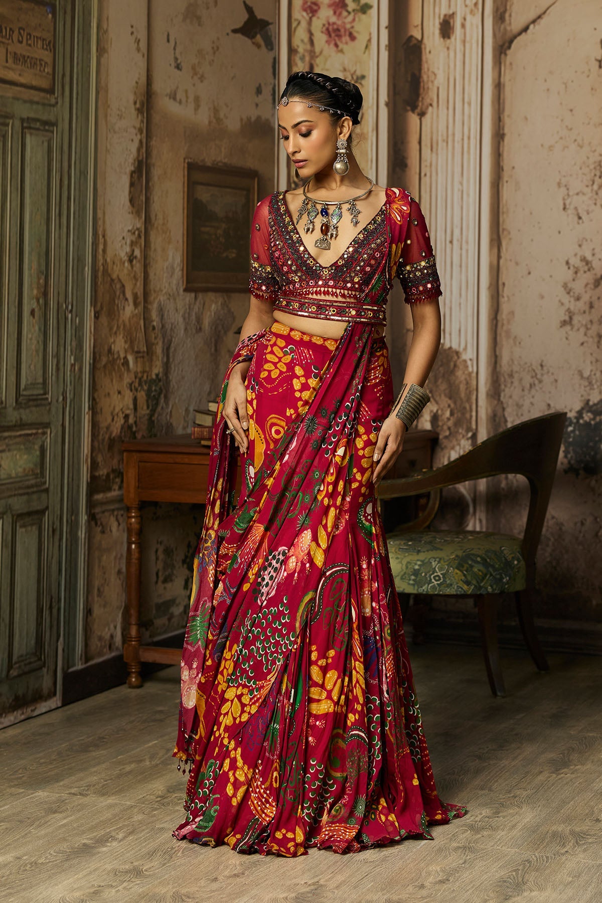 Deep Red Embroidered Blouse With Mermaid Skirt Saree Set
