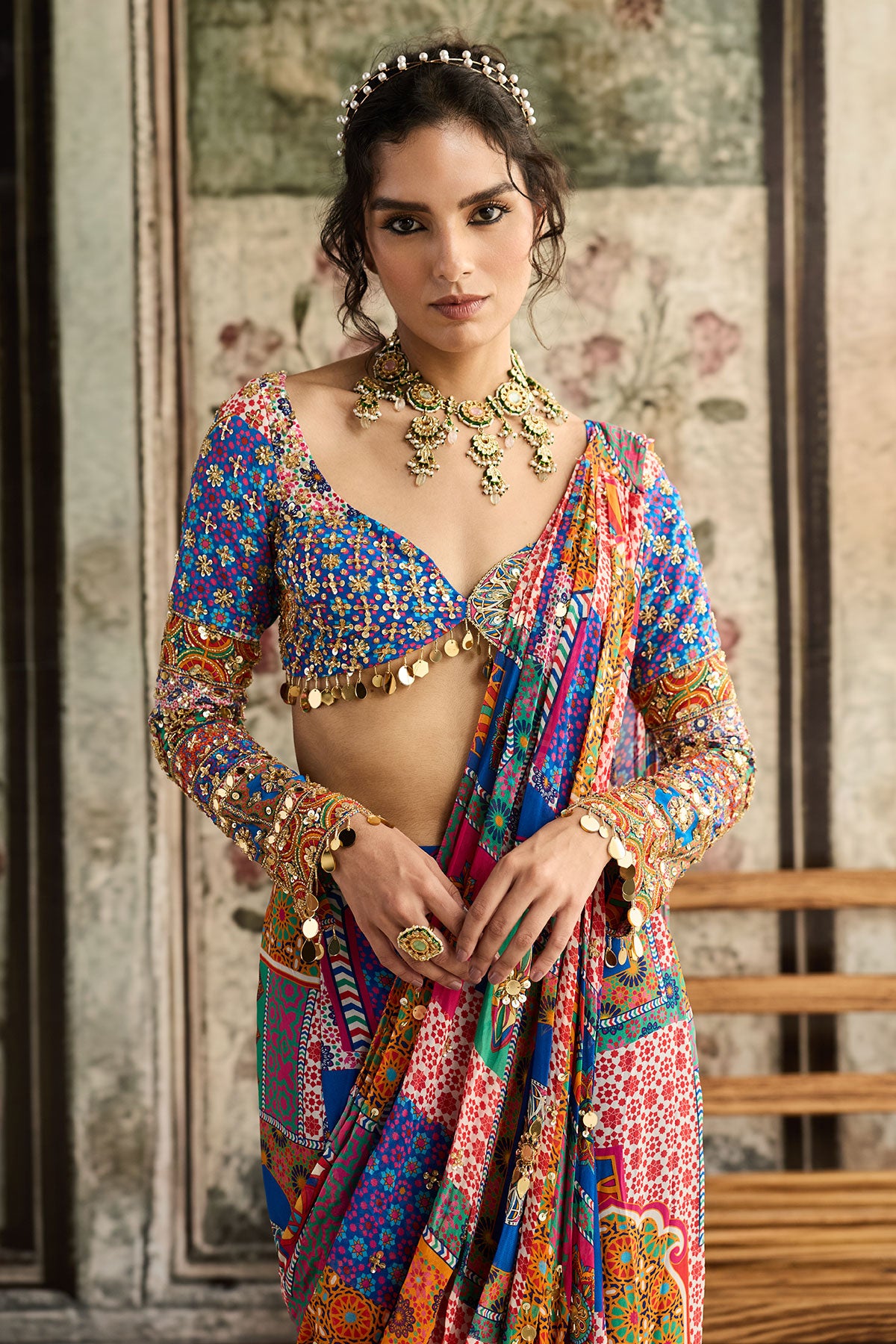 Multi-Color Print And Highlighted Plunge Neckline Blouse With Sharara Saree Set