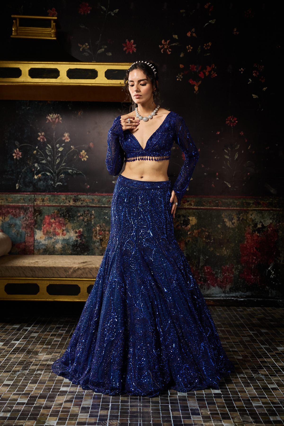 Electric Blue Embellished Mermaid Skirt Set