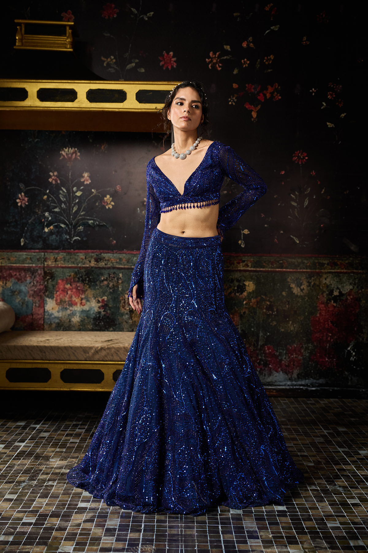 Electric Blue Embellished Mermaid Skirt Set