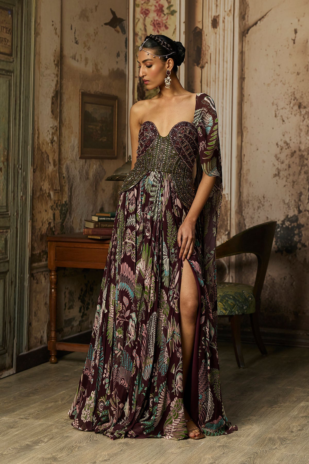 Plum Printed And Embroidered Drape Gown Saree