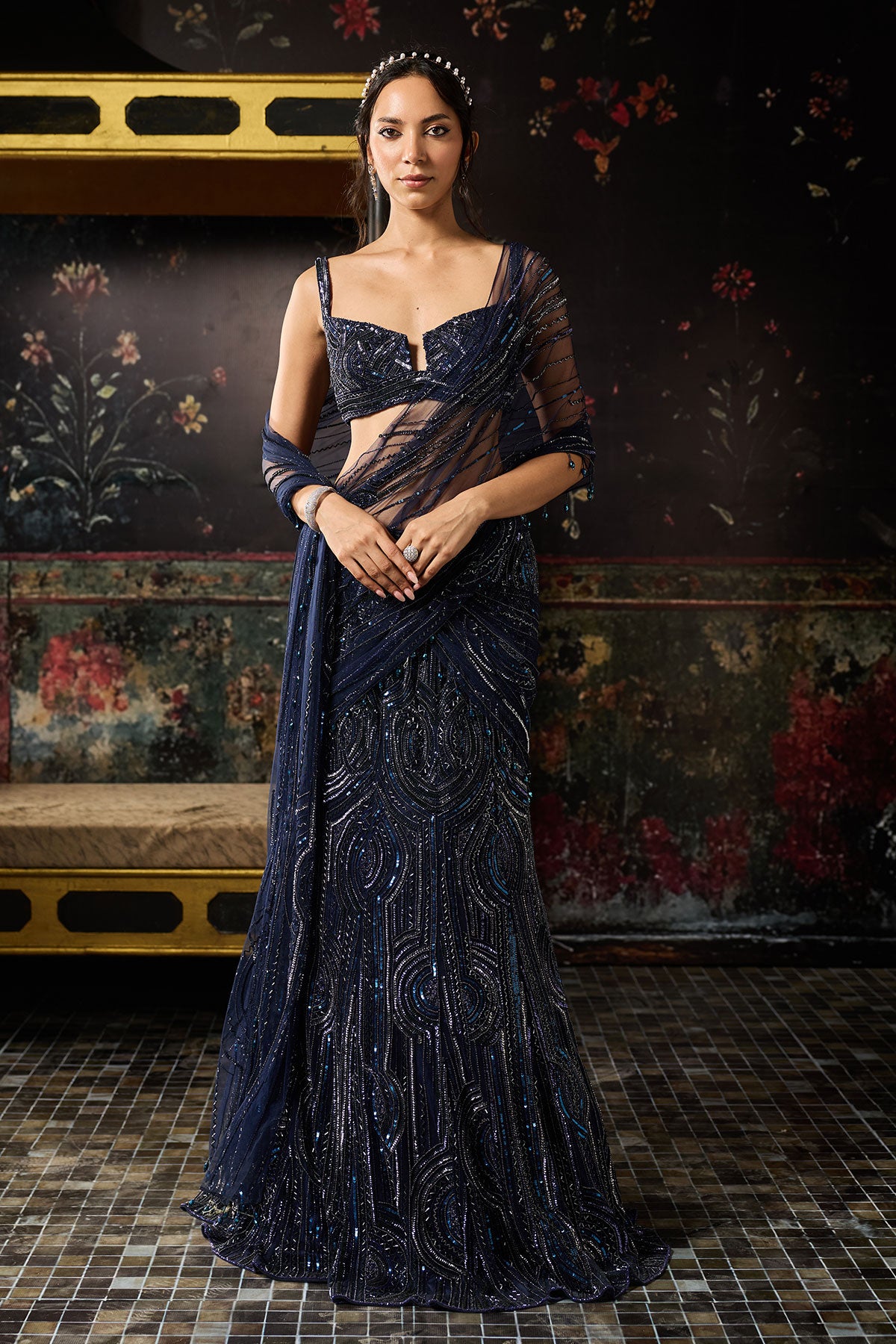 Midnight Blue Embellished Mermaid Skirt Saree Set