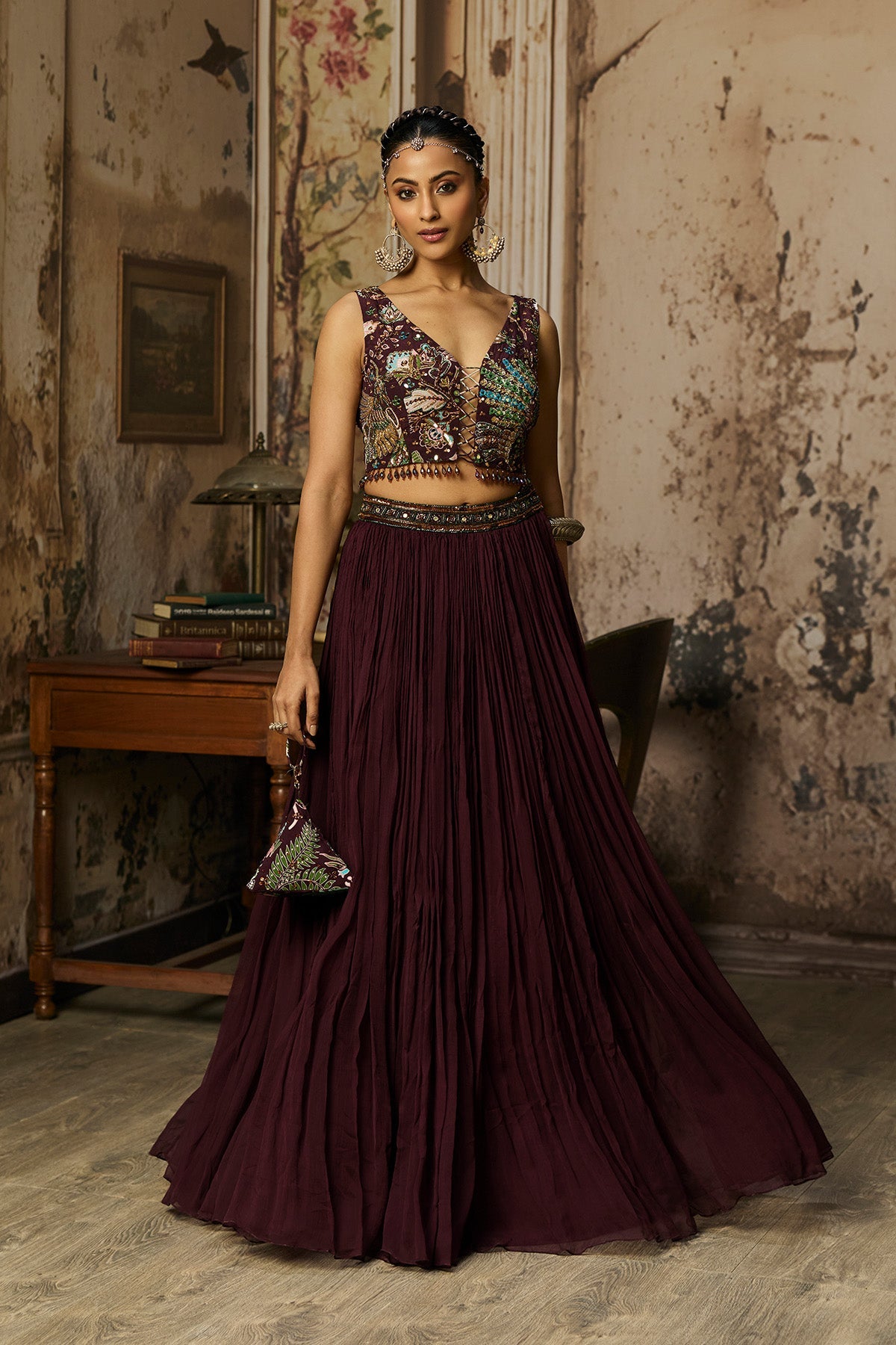 Plum Print And Highighted Blouse With Skirt Set