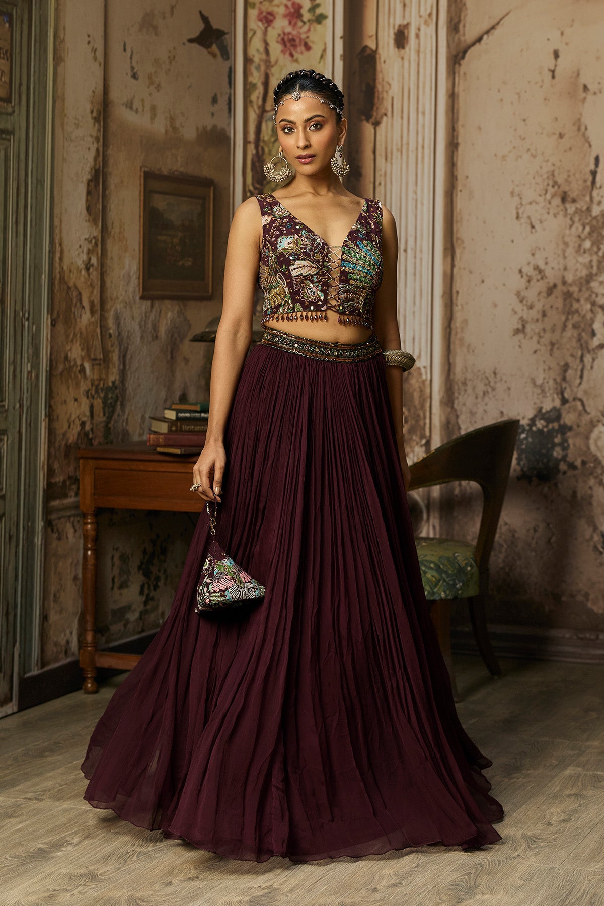 Plum Print And Highighted Blouse With Skirt Set