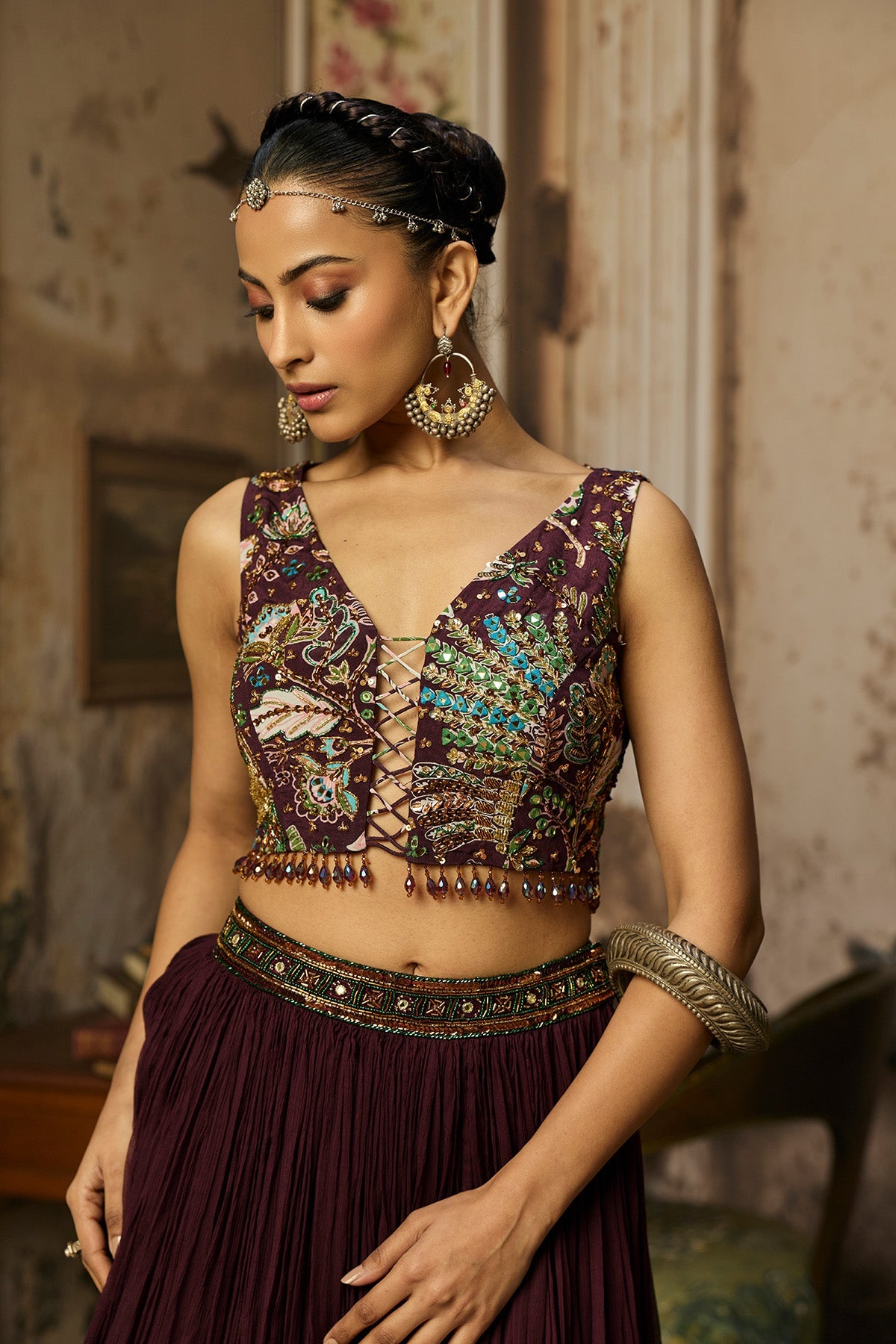 Plum Print And Highighted Blouse With Skirt Set