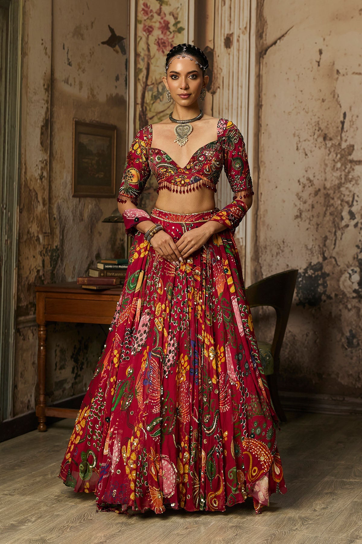 Deep Red Printed And Highlighted Lehenga Set